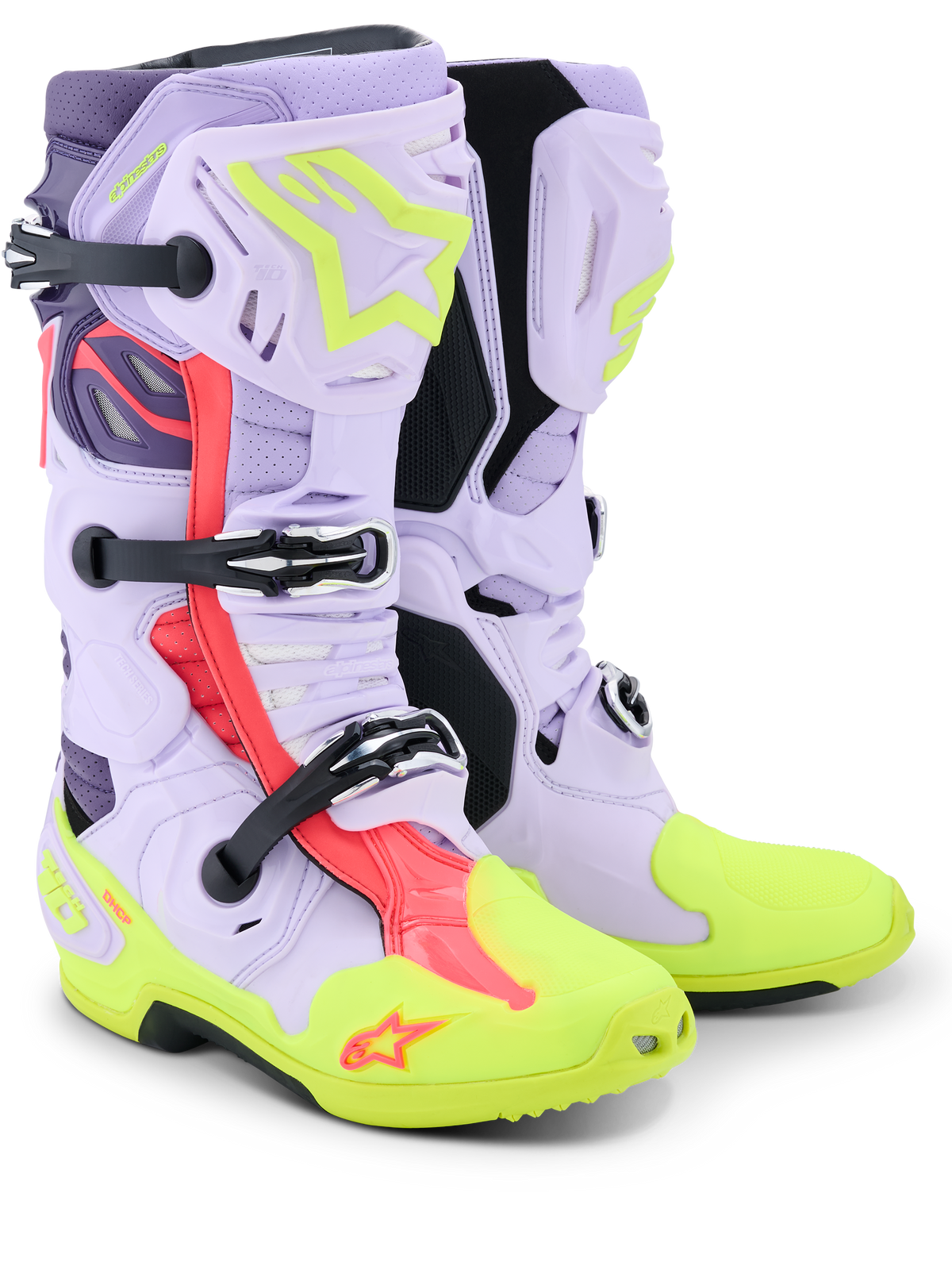 Alpinestars Tech 10 Supervented Boots, Motocross Boots, Purple Yellow Fluo and Diva Pink, featuring perforated microfiber construction for maximum airflow, mechanical buckle system, bright neon yellow toe and sole, and vibrant pink accents.