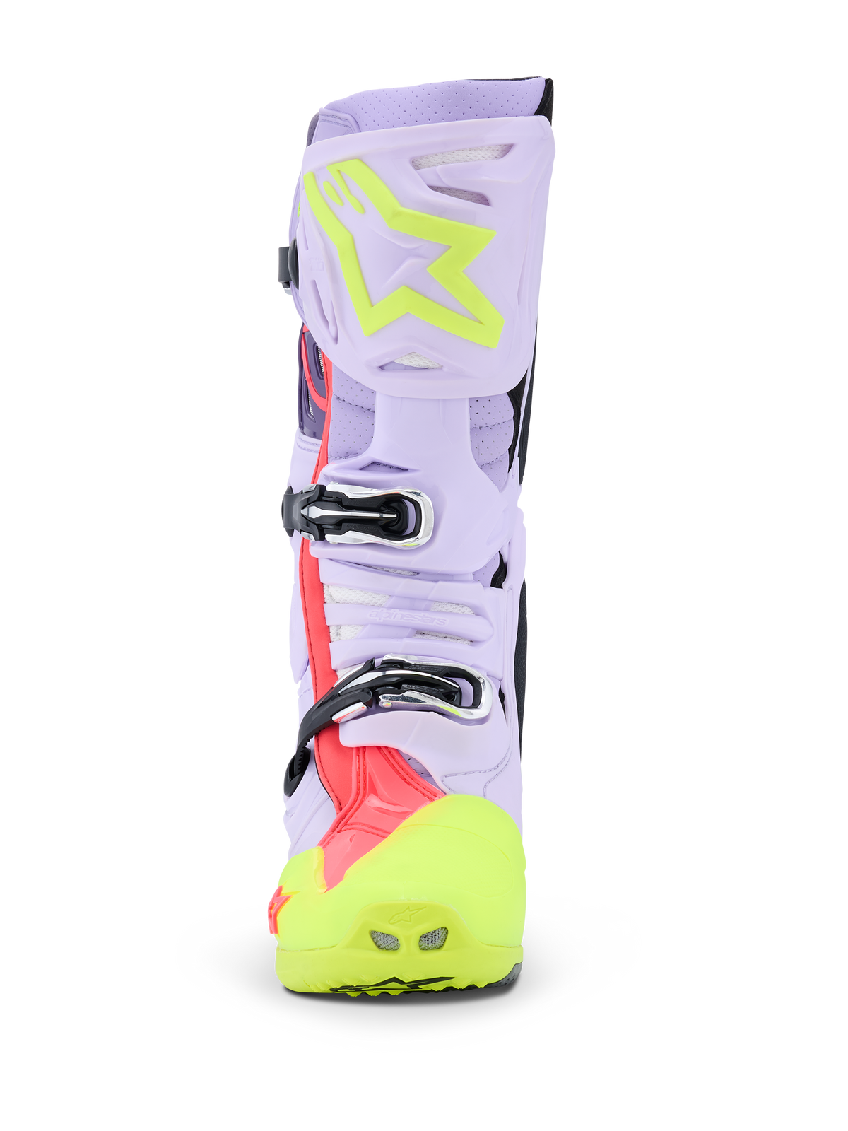 Alpinestars Tech 10 Supervented Boots, Motocross Boots, Purple Yellow Fluo and Diva Pink, front-facing view highlighting the buckle system and ventilated shin plate, professional-grade off-road footwear with perforated microfiber upper