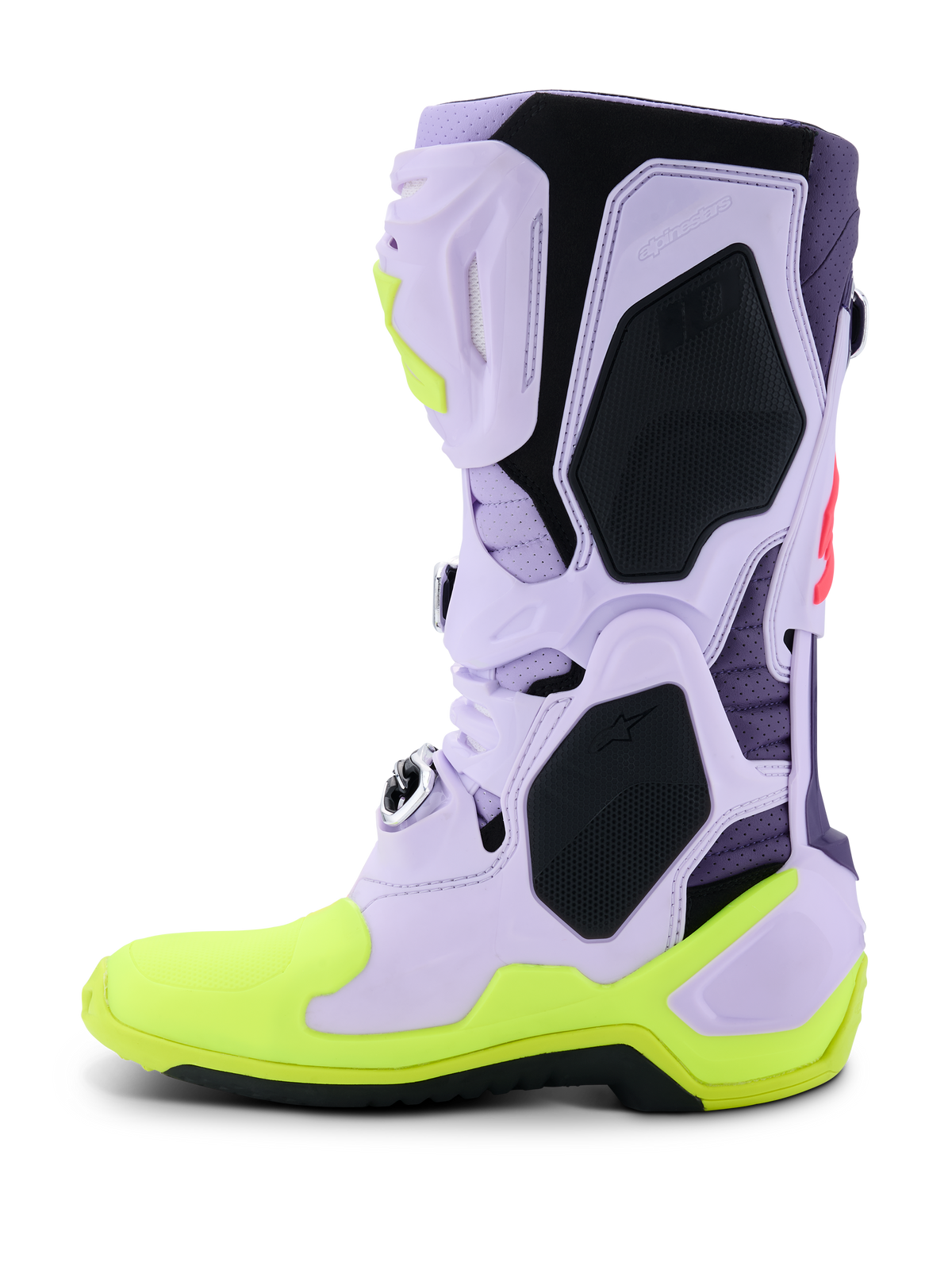 Alpinestars Tech 10 Supervented Boots, Motocross Boots, Purple Yellow Fluo and Diva Pink, side profile featuring perforated lavender microfiber upper, black TPU protective panels, and neon yellow sole, high-performance ventilated footwear for off-road racing