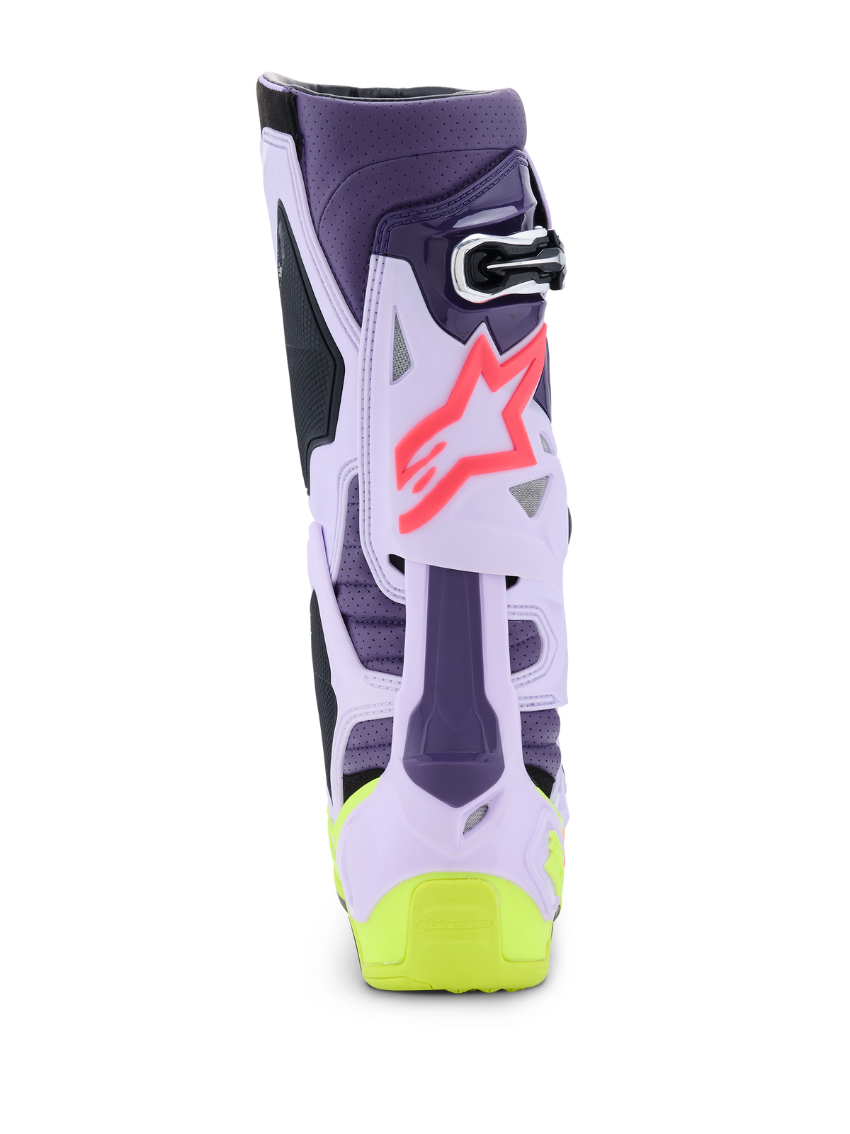Alpinestars Tech 10 Supervented Boots, Rear View, Purple Yellow Fluo and Diva Pink colorway, featuring ventilated TPU structure, pink star logo, and bright yellow heel detail, professional-grade motocross footwear