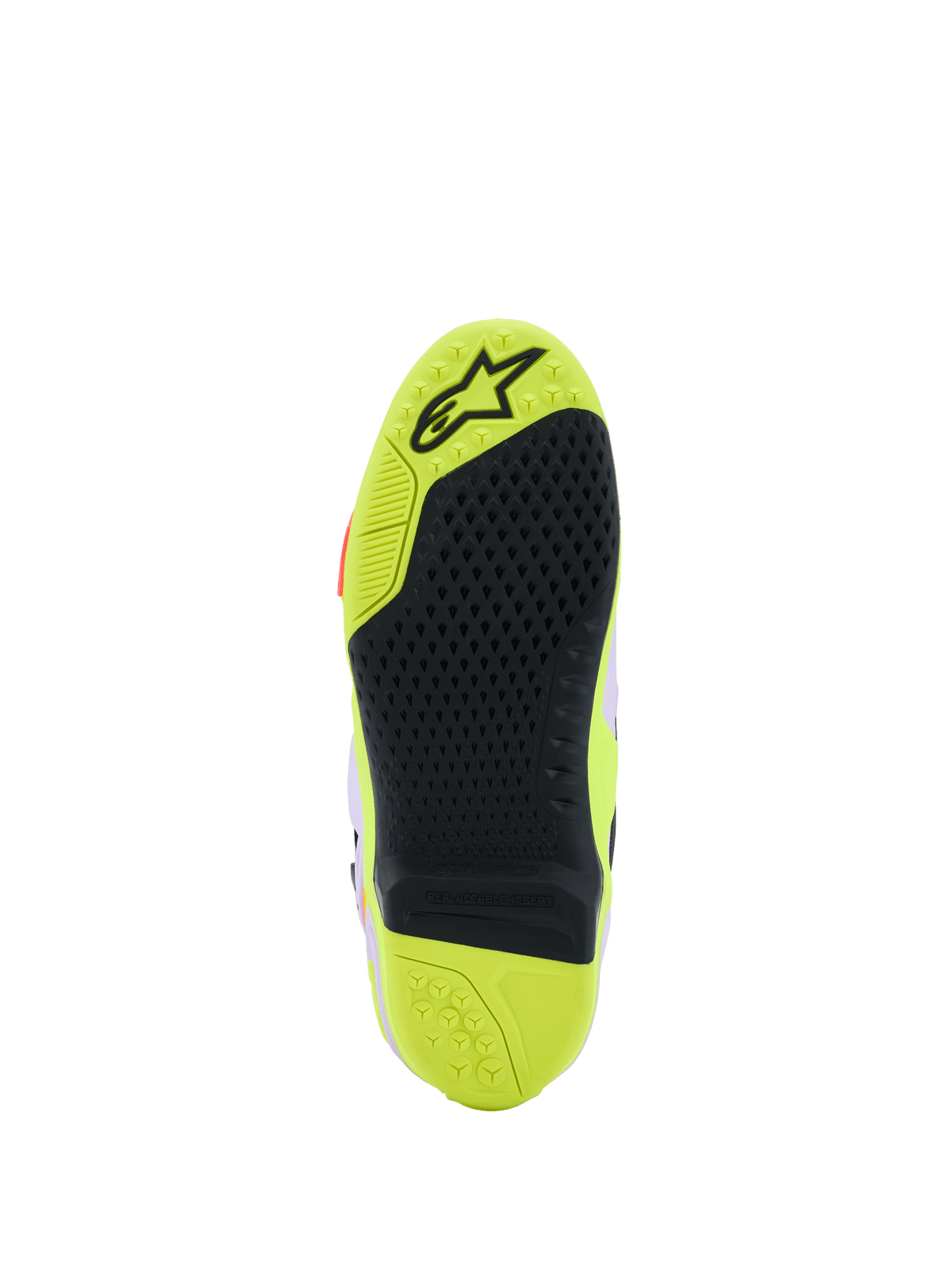 Alpinestars Tech 10 Supervented Boots, detailed sole view, Yellow Fluo and Black, featuring a honeycomb grip pattern, replaceable central insert, and textured surface for foot-peg traction