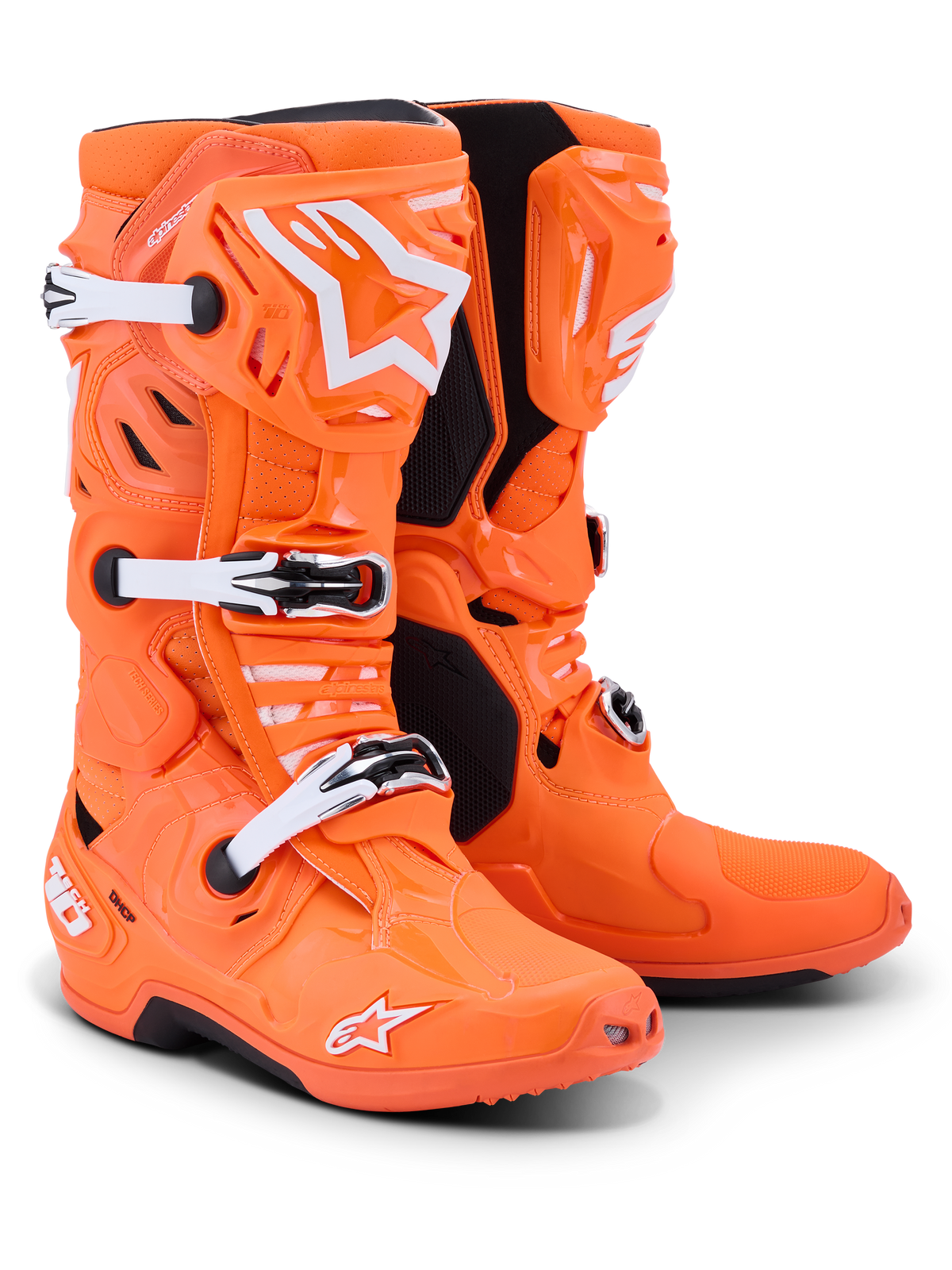 Alpinestars Tech 10 Supervented Boots, Motocross Boots, Orange Fluo with White and Black accents, featuring white adjustable buckles, ventilated TPU shin plate, and bold Alpinestars logo, high-performance footwear for off-road racing
