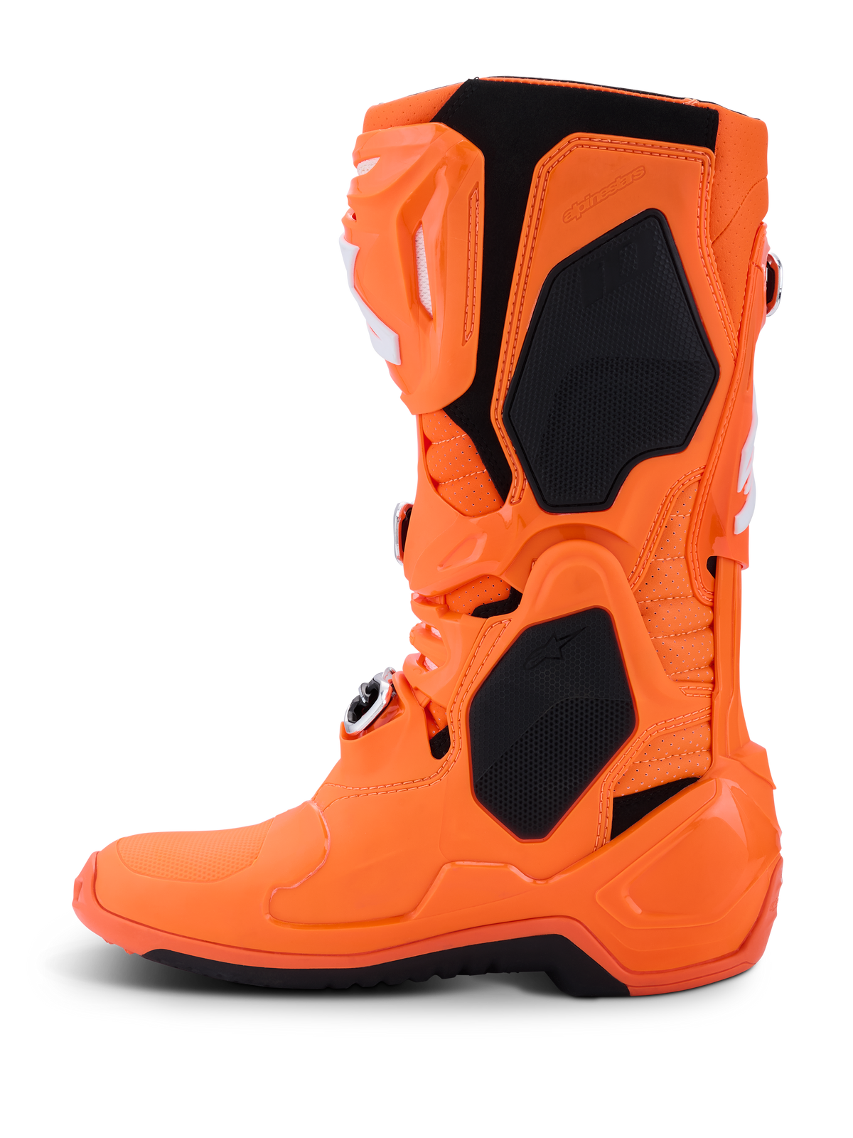 Alpinestars Tech 10 Supervented Boots, Motocross Boots, Orange Fluo and Black, side profile view, featuring ventilated TPU shell, mesh panels for airflow, and adjustable buckle system, high-performance off-road racing gear