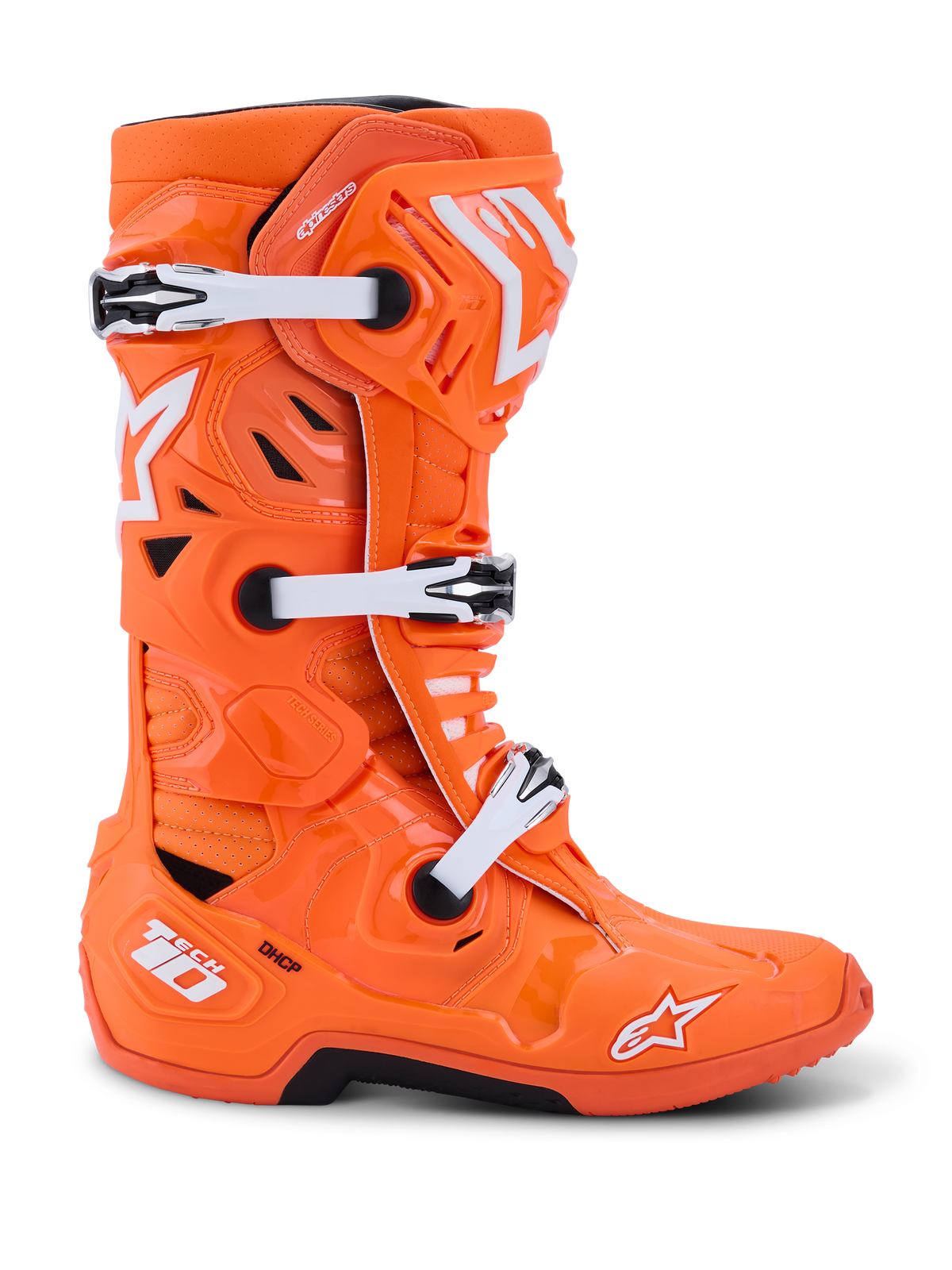 Alpinestars Tech 10 Supervented Boots, Motocross Boots, Orange Fluo and White, profile view showing white mechanical buckles and black accents, ventilated design with perforated panels, premium protective racing footwear