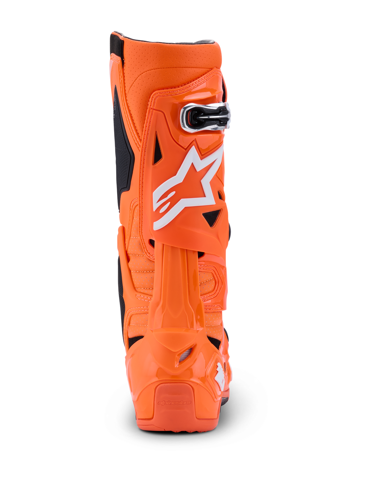 Alpinestars Tech 10 Supervented Boots, Orange Fluo Black White, rear view showing the back profile, rigid TPU shell with white Alpinestars logo, professional motocross performance footwear