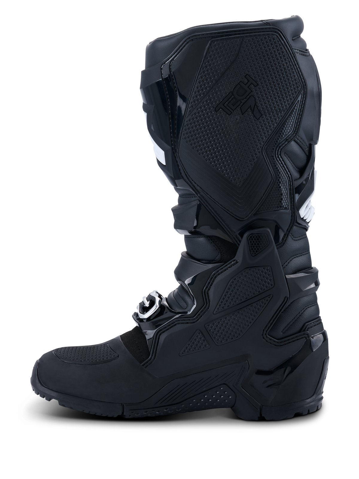 Alpinestars 2026 Tech 7 Enduro Drystar® Boots, Black, medial side profile view featuring extensive TPU shielding, dual-pivot system, and specialized textured grip panels for bike control, waterproof construction for off-road and enduro racing
