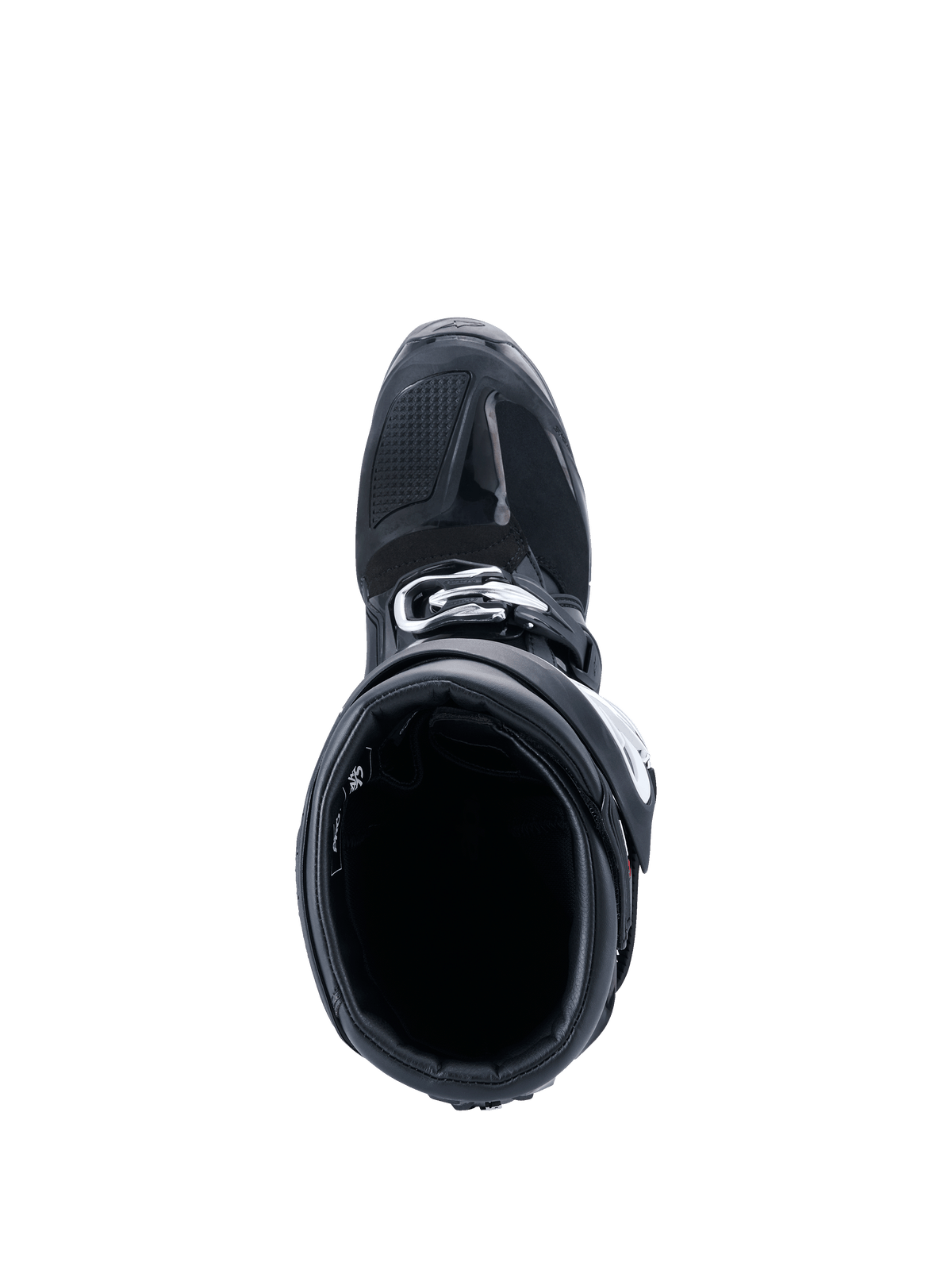 Alpinestars 2026 Tech 7 Enduro Drystar® Boots, Motocross Boots, Black, top-down view looking into the interior opening, showing the reinforced toe section and buckle closure, durable off-road protective gear