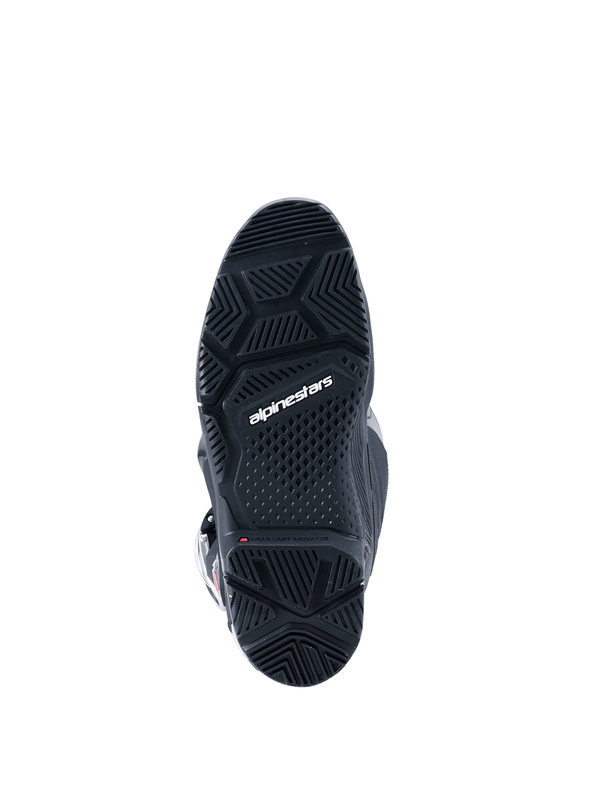 Alpinestars 2026 Tech 7 Enduro Drystar® Boots, Black, bottom view of the specialized dual-compound enduro sole, featuring geometric tread patterns for all-terrain grip and white Alpinestars logo