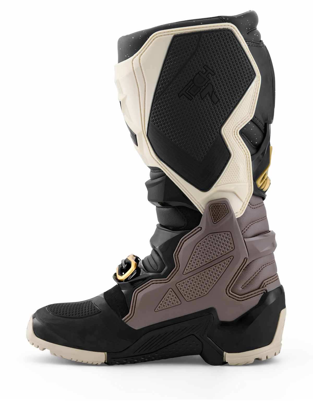 Alpinestars 2026 Tech 7 Enduro Drystar® Boots, Motocross Boots, Black Dark Gray and Gold, side profile view highlighting the durable TPU panels, gold-accented buckle, and rugged enduro sole for off-road riding.