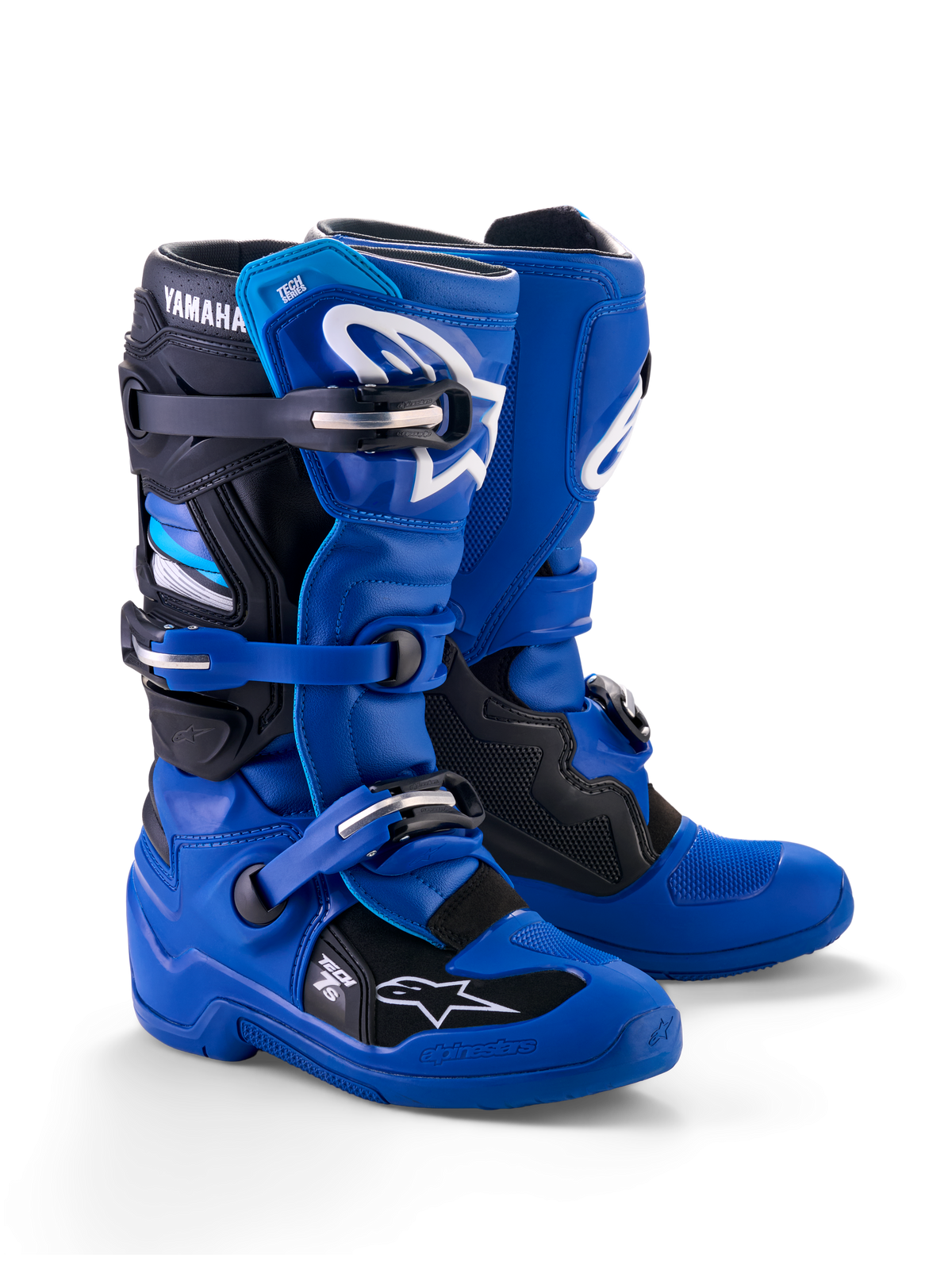 Alpinestars Yamaha Youth Tech 7S Boots, motorcrosslaarzen, blauw, zwart en wit, voorzien van een sluitingssysteem met meerdere gespen, TPU-beschermende schaal en witte Alpinestars-logo's met Yamaha-branding op de schacht
