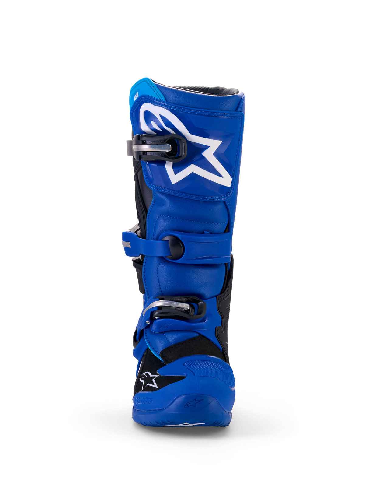 Alpinestars Yamaha Youth Tech 7S-laarzen, motorcrosslaarzen, blauw, zwart en wit, vooraanzicht met TPU-scheenplaat met wit sterlogo, verstelbaar gespsluitsysteem en duurzame, beschermende off-road constructie.