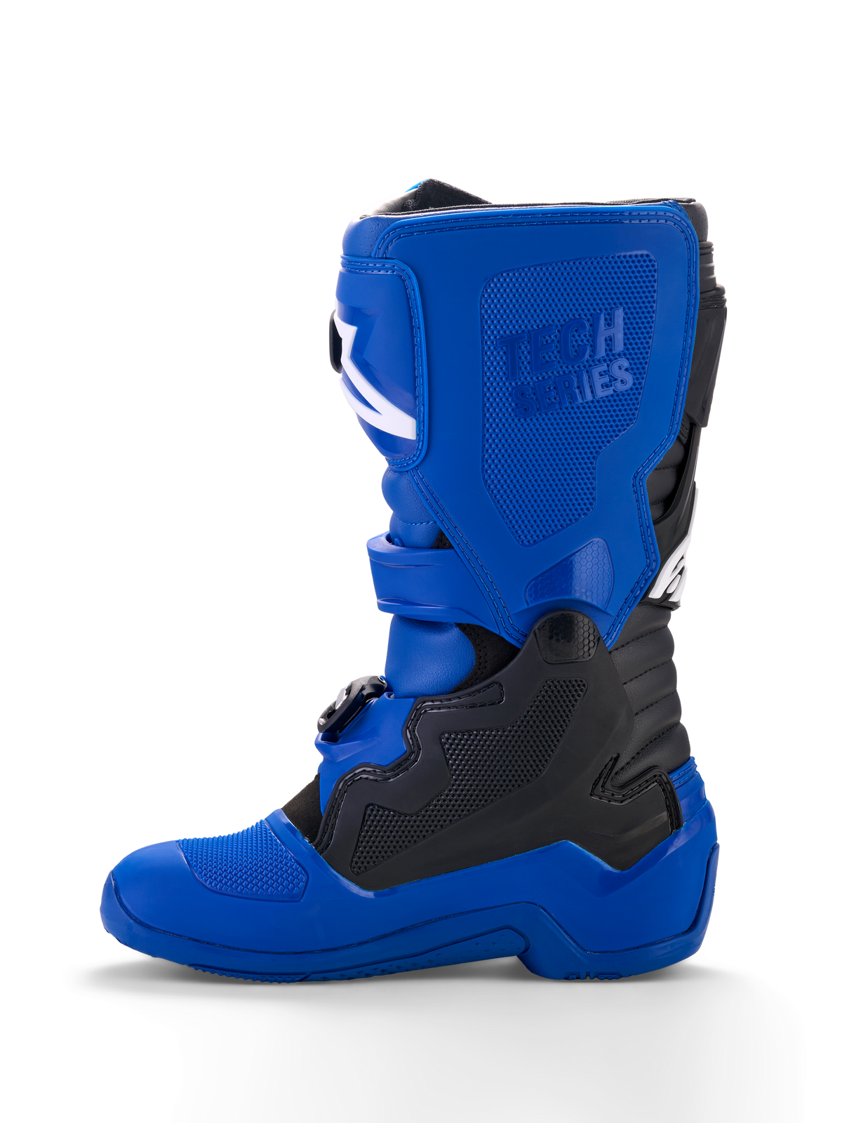Alpinestars Yamaha Youth Tech 7S laarzen, jeugd motorcrosslaarzen, blauw met zwarte en witte accenten, zijaanzicht, met 'Tech Series' logo in reliëf, TPU-beschermingspanelen, gespsluiting en een duurzame blauwe zool voor off-road prestaties.