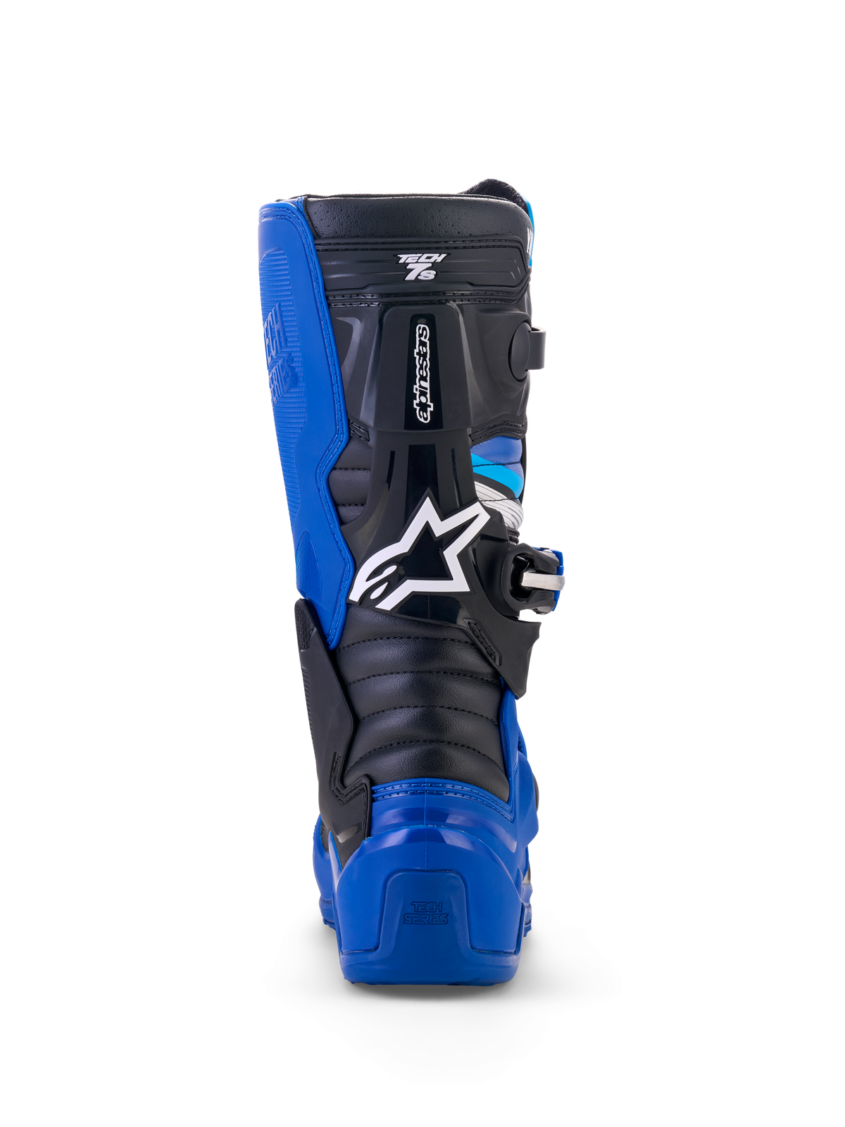 Alpinestars Yamaha Youth Tech 7S laarzen, motorcrosslaarzen, blauw, zwart en wit, achteraanzicht met focus op TPU hiel- en kuitbescherming, wit ster-logo en duurzaam pivot-systeemontwerp