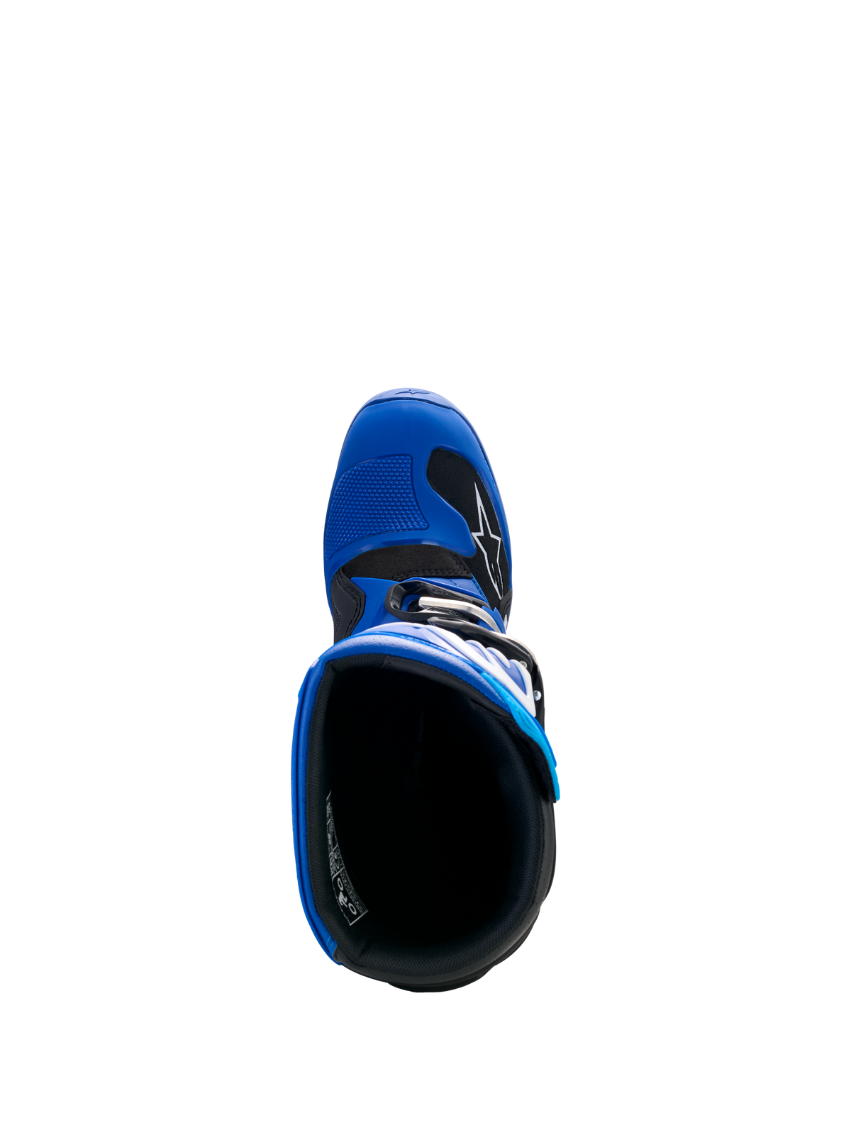 Alpinestars Yamaha Youth Tech 7S laarzen, blauw, zwart en wit, bovenaanzicht met inkijk in de laars, toont de binnenvoering en TPU-neus met schakelpad, beschermend schoeisel voor jeugd motocross
