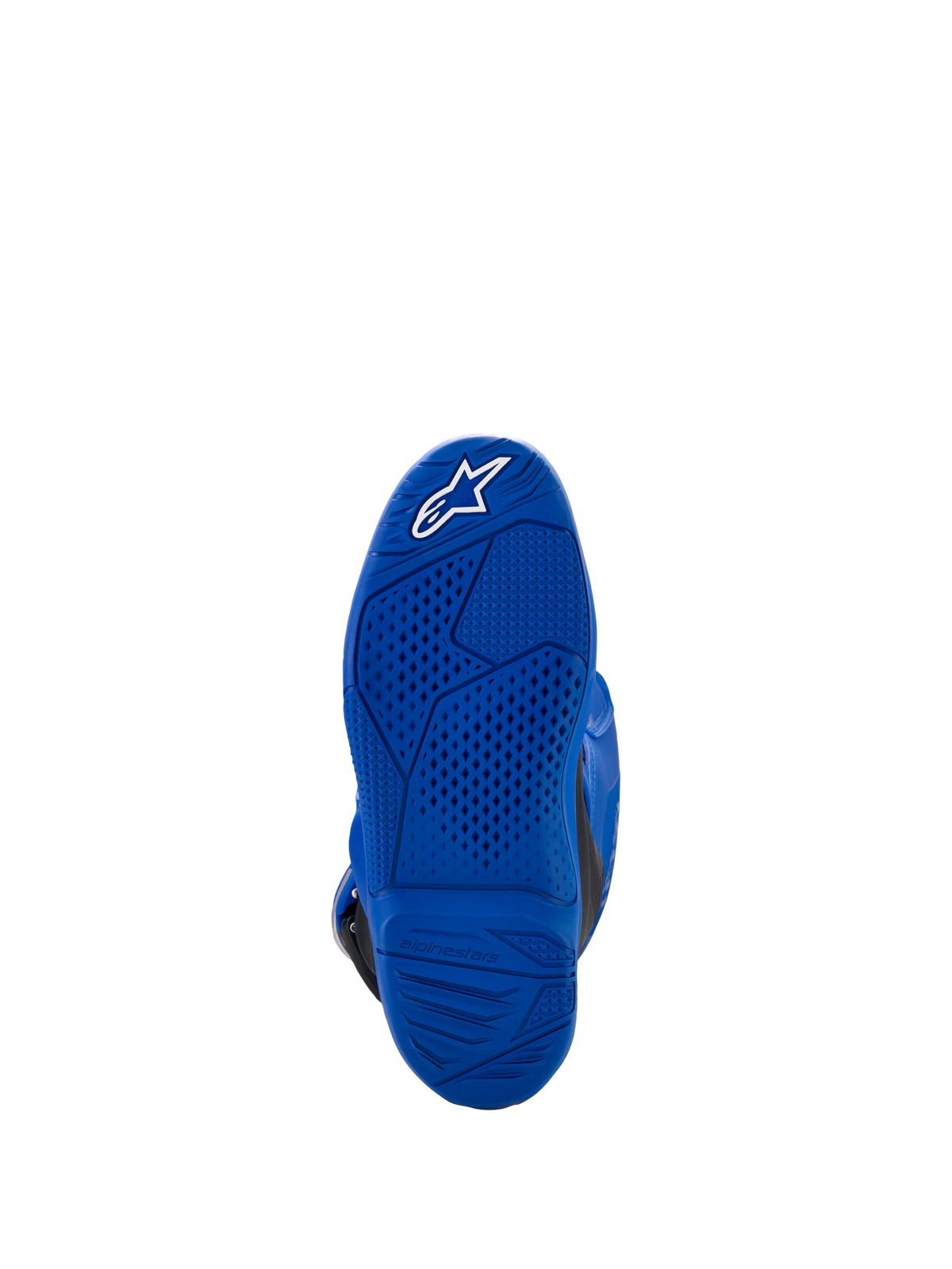Alpinestars Yamaha Youth Tech 7S laarzen, blauw, onderaanzicht van de zool met getextureerd grippatroon en wit sterlogo, duurzame rubberen constructie voor off-road rijden