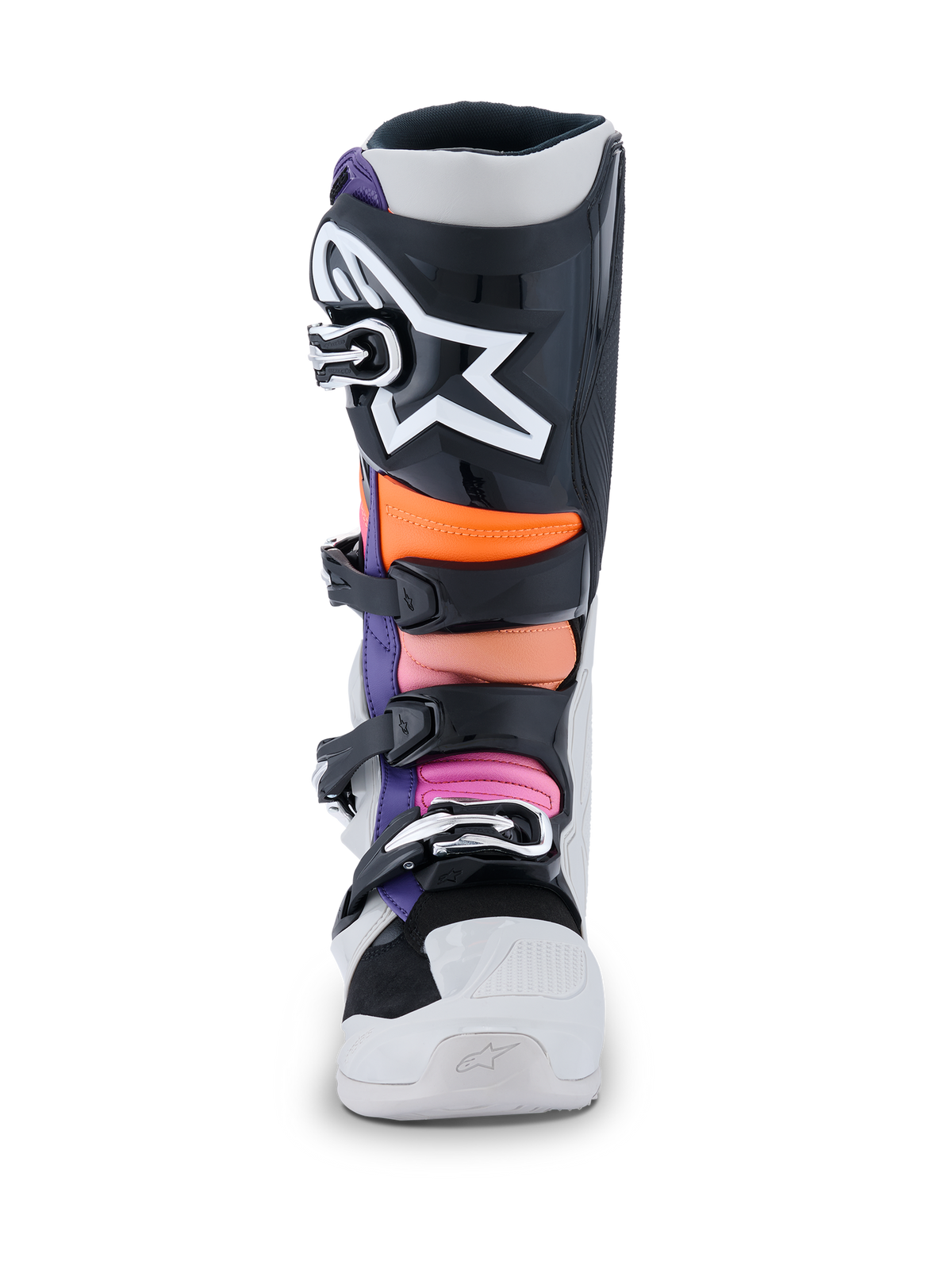 Alpinestars Tech 7 Laarzen, motocrosslaarzen, zwart, lichtgrijs, oranje fluo en magenta, vooraanzicht met een zwarte scheenplaat voorzien van een groot wit Alpinestars-sterlogo, veelkleurige gewatteerde zones in oranje en roze, duurzaam wit chassis met zwarte gespen