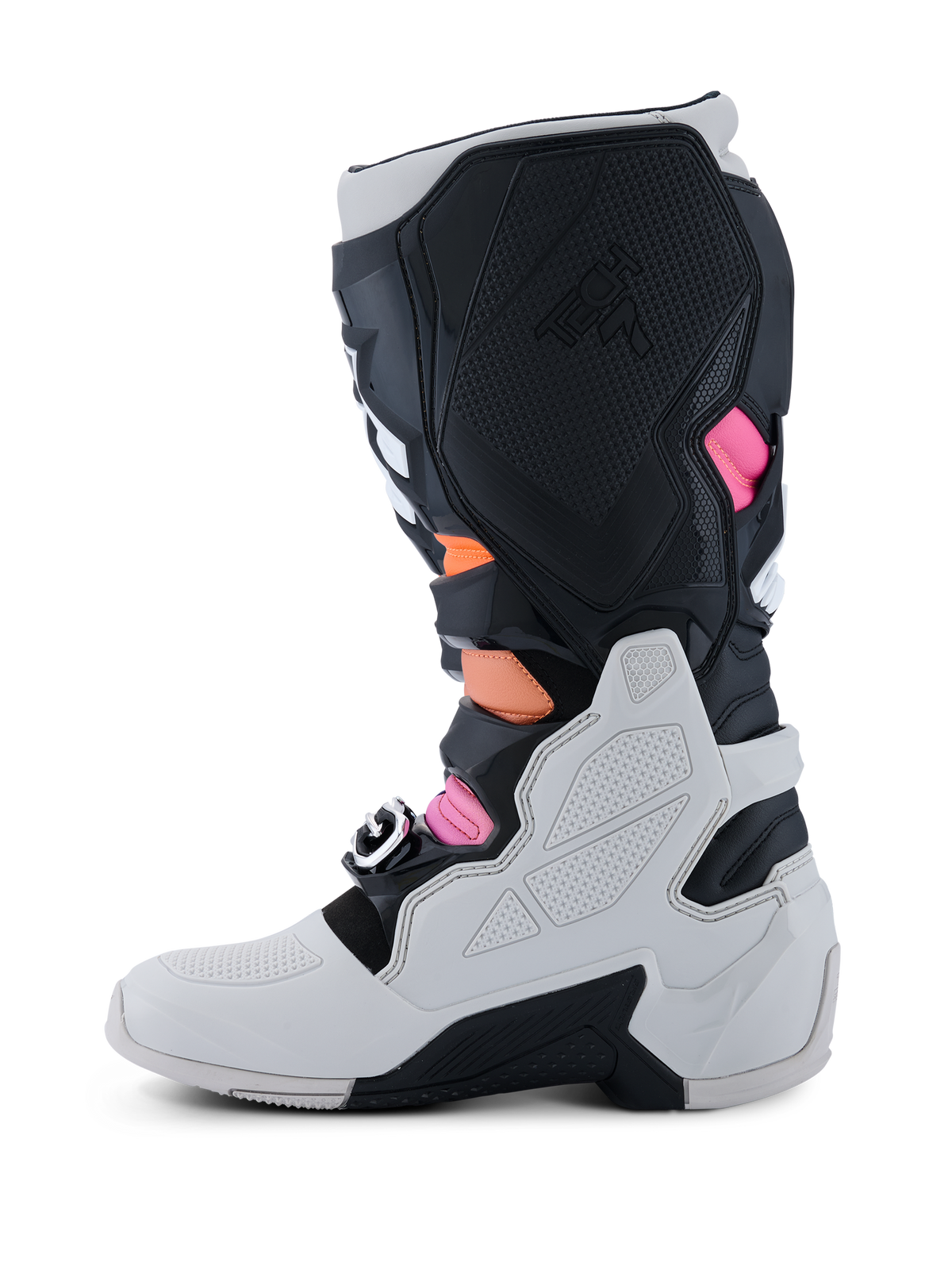 Alpinestars Tech 7 Laarzen, motocrosslaarzen, zwart, lichtgrijs, fluor oranje en magenta, mediaal zijprofiel met een lichtgrijze onderste schaal, zwarte TPU-panelen met Tech 7-branding en levendige oranje en magenta accenten.