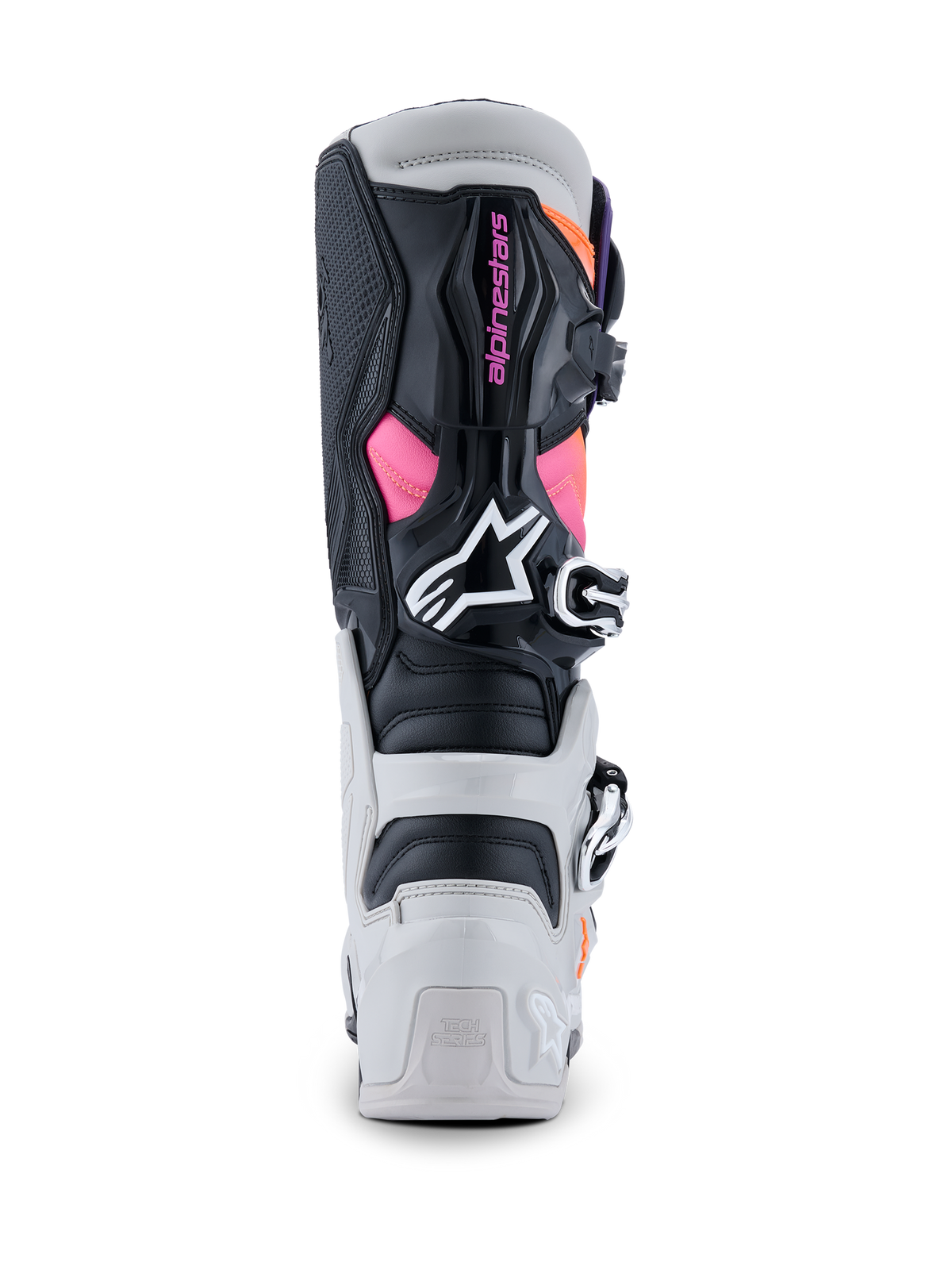 Alpinestars Tech 7 Laarzen, motocrosslaarzen, zwart, lichtgrijs, fluo oranje en magenta, achteraanzicht met de TPU hiel- en kuitbeschermers, roze Alpinestars-branding, wit logo en een duurzaam gespsysteem