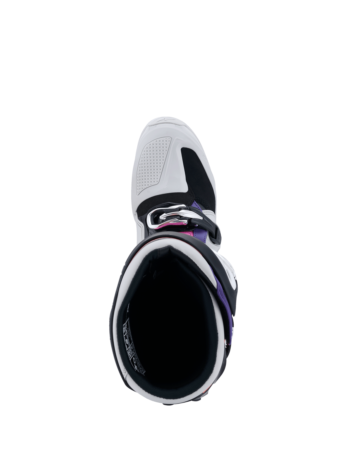 Alpinestars Tech 7 Laarzen, bovenaanzicht in de laarsopening, lichtgrijs en zwart met paarse en magenta accenten, toont de binnenvoering, het gespsysteem en de versterkte neus voor off-road racen