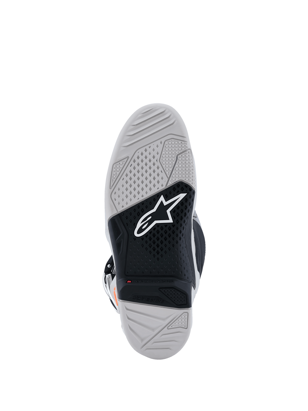 Alpinestars Tech 7 Laarzen zoolaanzicht, motorcrosslaarzen, lichtgrijs en zwart, voorzien van een dubbel samengestelde gevulkaniseerde rubberen zool met een wit Alpinestars-logo, rode slijtage-indicator en getextureerd grippatroon voor hoge tractie