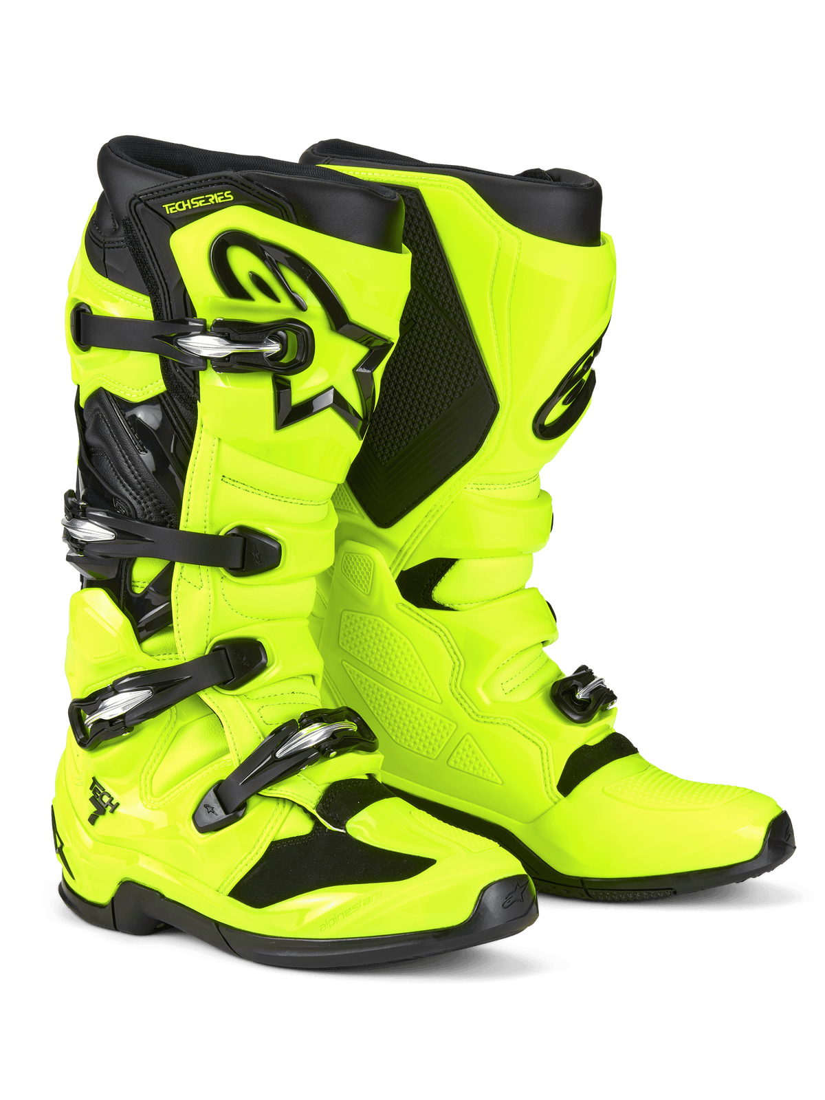 Alpinestars Tech 7 motocrosslaarzen, fluogeel en zwart, met een sluitsysteem met vier gespen, beschermende TPU-schaal, zwart Astars-logo op de scheenplaat en een robuuste dual-compound zool voor off-road racing