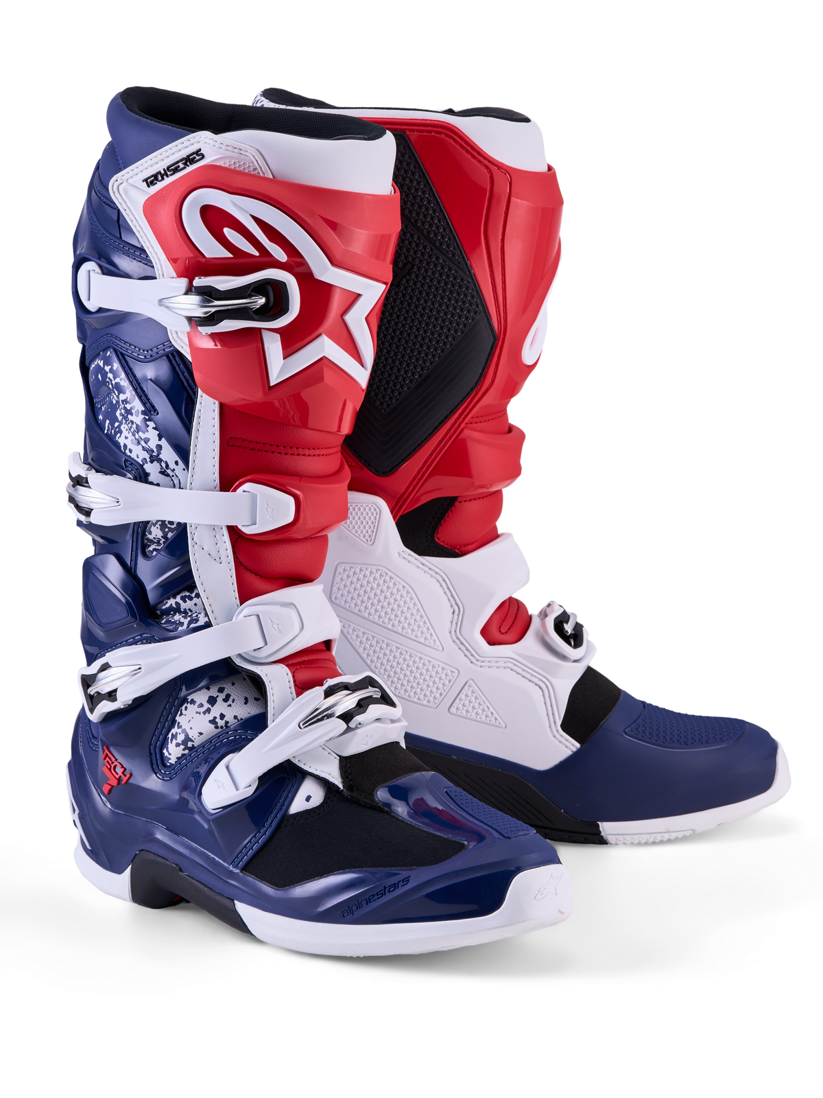 Alpinestars Limited Edition Tech 7 Unity motorlaarzen, rood, wit en blauw, met TPU-bescherming en gespsluiting.
