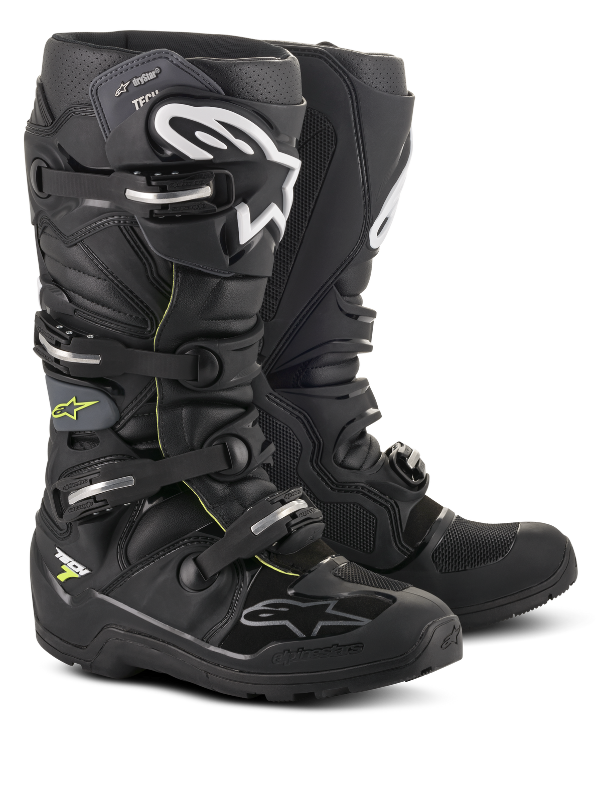 Alpinestars Tech 7 Enduro Drystar® laarzen, professionele motorcross- en enduro-laarzen, zwart en grijs met witte logo's en zilveren gespen, robuust waterdicht ontwerp met stevige zolen voor off-road prestaties