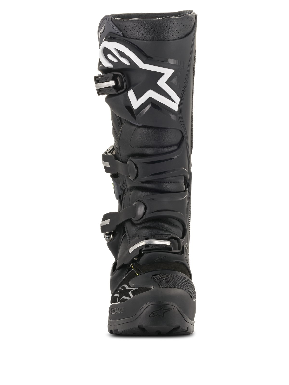 Alpinestars Tech 7 Enduro Drystar® laarzen, zwarte motorcrosslaarzen, vooraanzicht met een groot wit sterlogo op het scheenbeen, sluitingssysteem met vier gespen, duurzame TPU-constructie voor enduro en off-road ritten