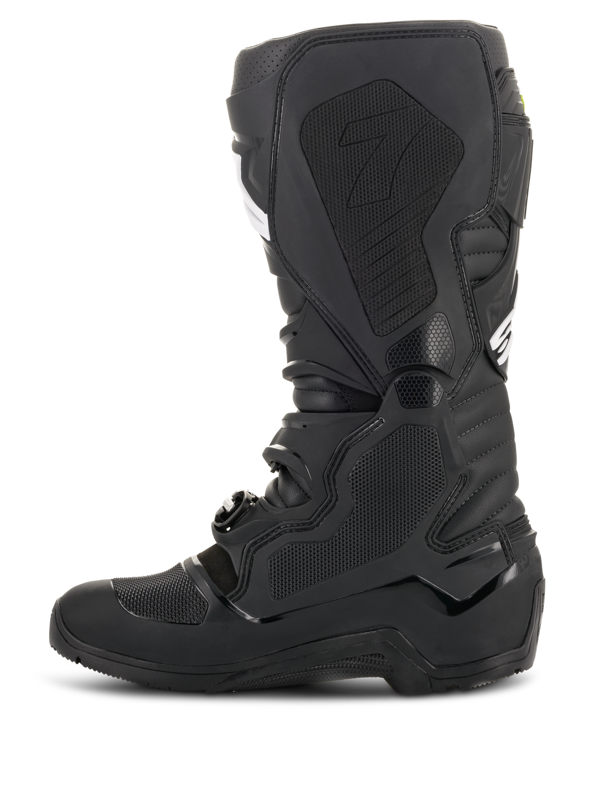 Alpinestars Tech 7 Enduro Drystar® laarzen, zwart, zijaanzicht van de binnenzijde met honingraatstructuur grippanelen en het '7'-logo, waterdichte off-road motorlaarzen voor enduro-racen.