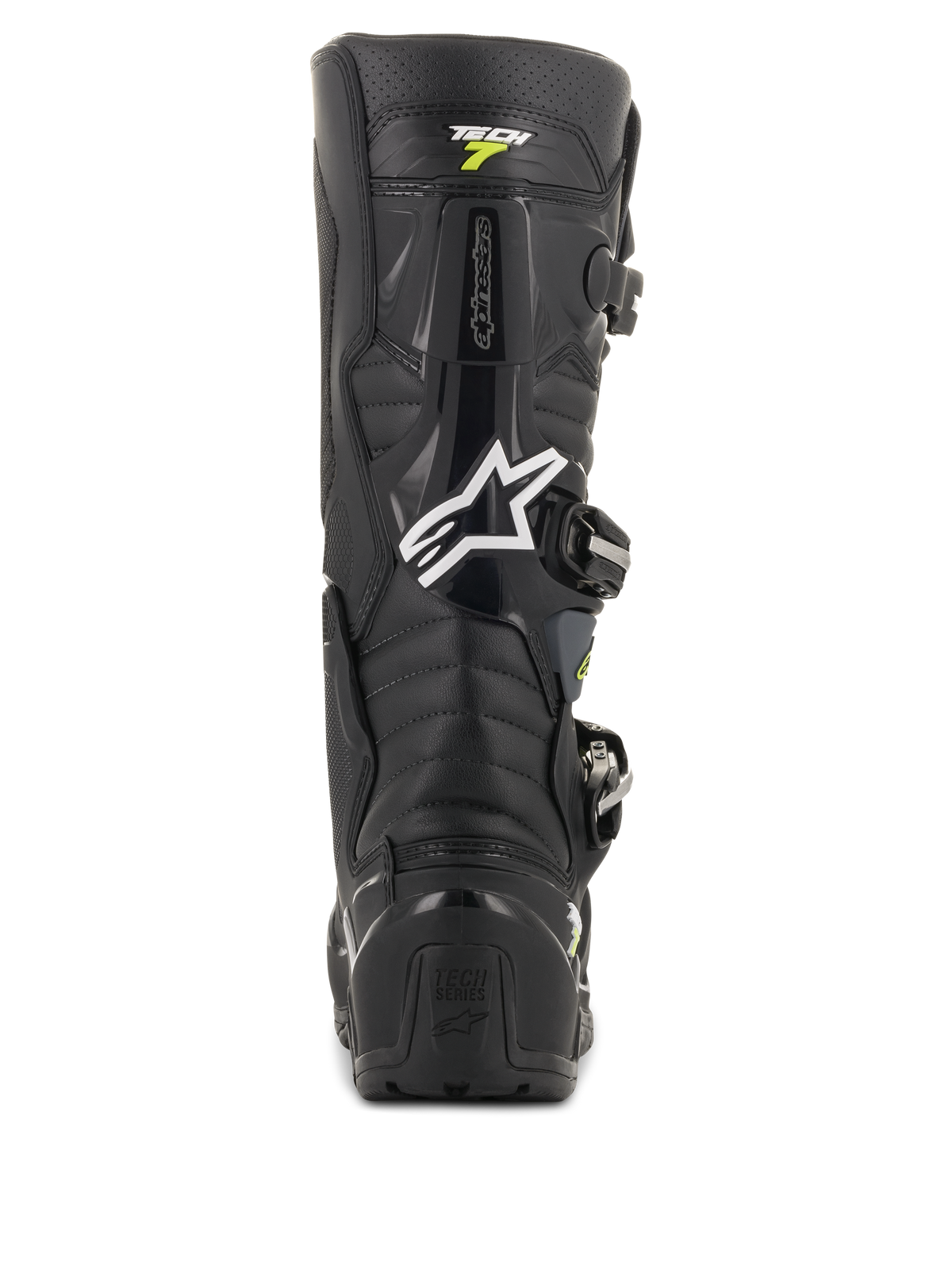 Alpinestars Tech 7 Enduro Drystar laarzen, zwart-grijze motorcrosslaarzen, achteraanzicht met het witte Alpinestars-logo en 'Tech 7'-branding, robuuste TPU-hielbescherming en versterkte constructie voor duurzaamheid off-road