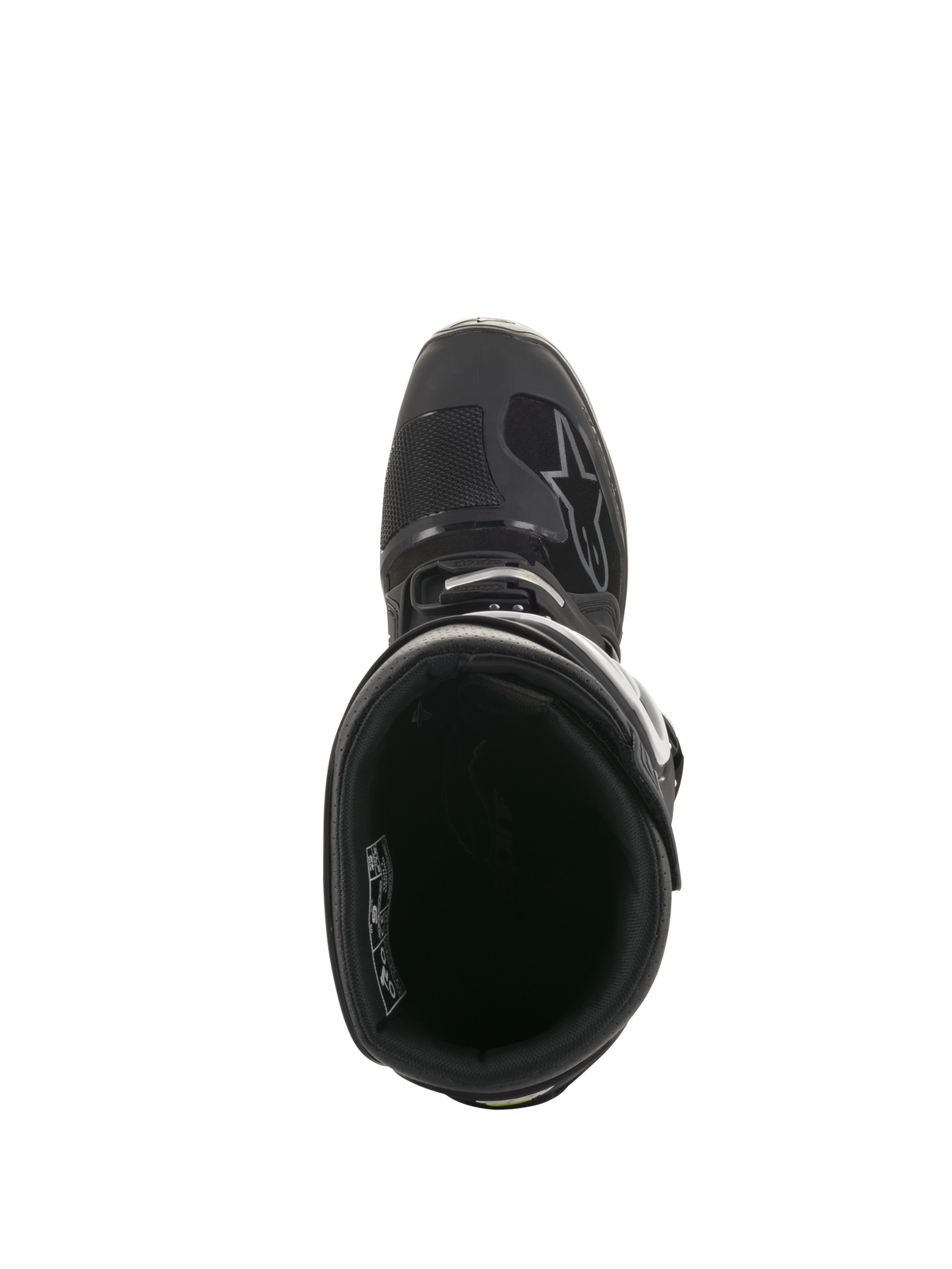 Alpinestars Tech 7 Enduro Drystar® laarzen, bovenaanzicht met zicht op de binnenvoering en gewatteerde enkelkraag, zwart en grijs technisch off-road schoeisel voorzien van een veilig gespsysteem