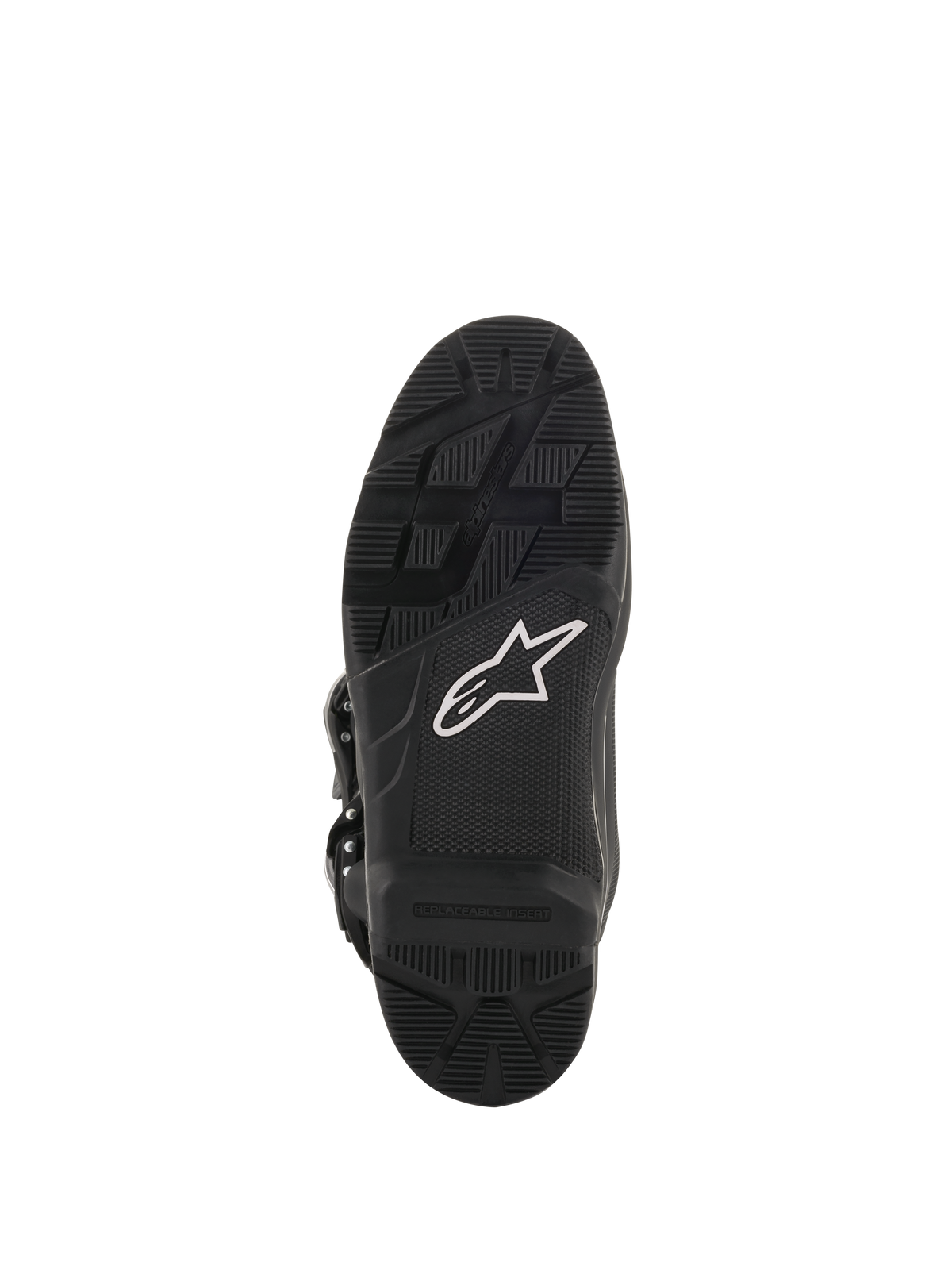 Alpinestars Tech 7 Enduro Drystar® laarzen, motorcross- en endurolaarzen, zoolaanzicht in het zwart, hooggrip rubberen samenstelling met wit sterlogo en vervangbaar inzetstuk voor duurzame off-road prestaties