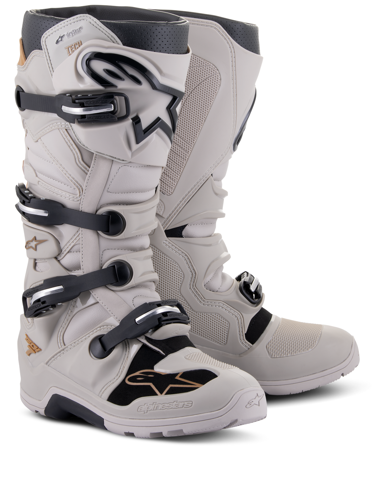 Alpinestars Tech 7 Enduro Drystar® laarzen, off-road enduro-laarzen, Gray Sand, met vier zwarte gespsluitingen, waterdicht membraan, TPU-scheenplaat en robuuste zool voor motorcross en enduro