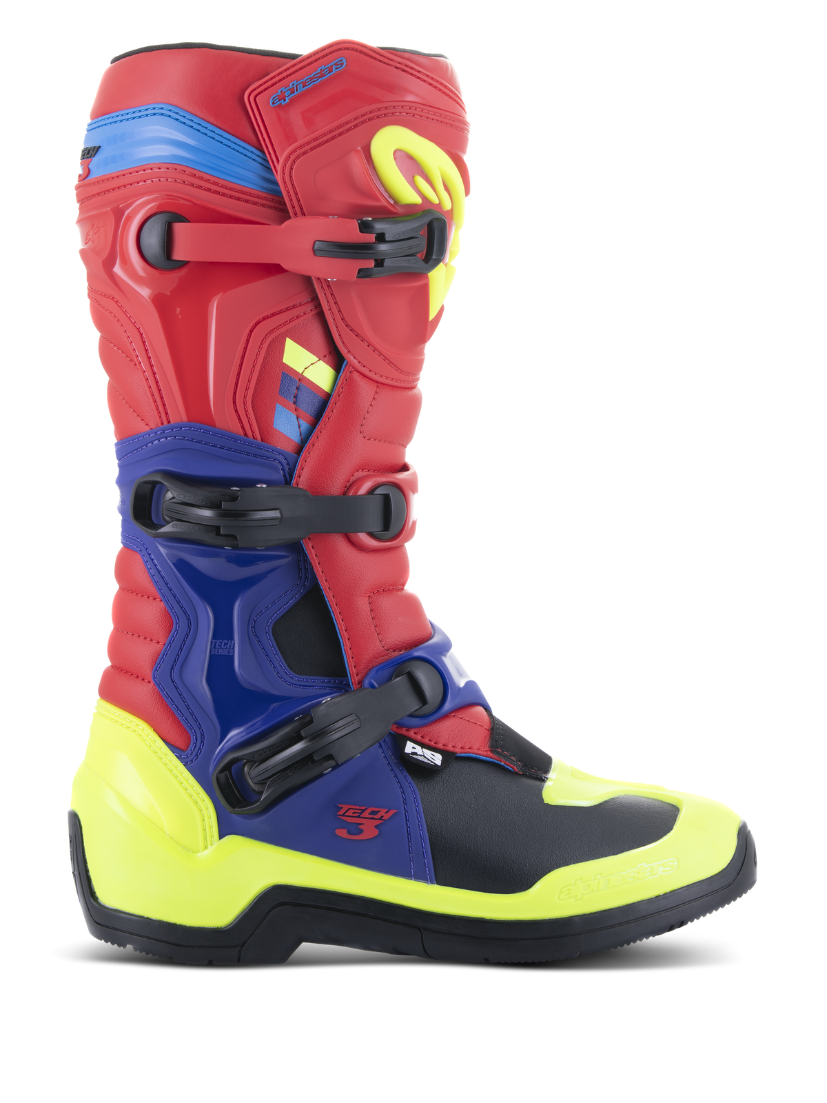 Alpinestars Tech 3 Boots, Motocross Boots, Bright Red, Dark Blue, and Yellow Fluo, featuring a triple buckle closure system, TPU protection plates, and vibrant neon accents, durable microfiber construction for off-road riding