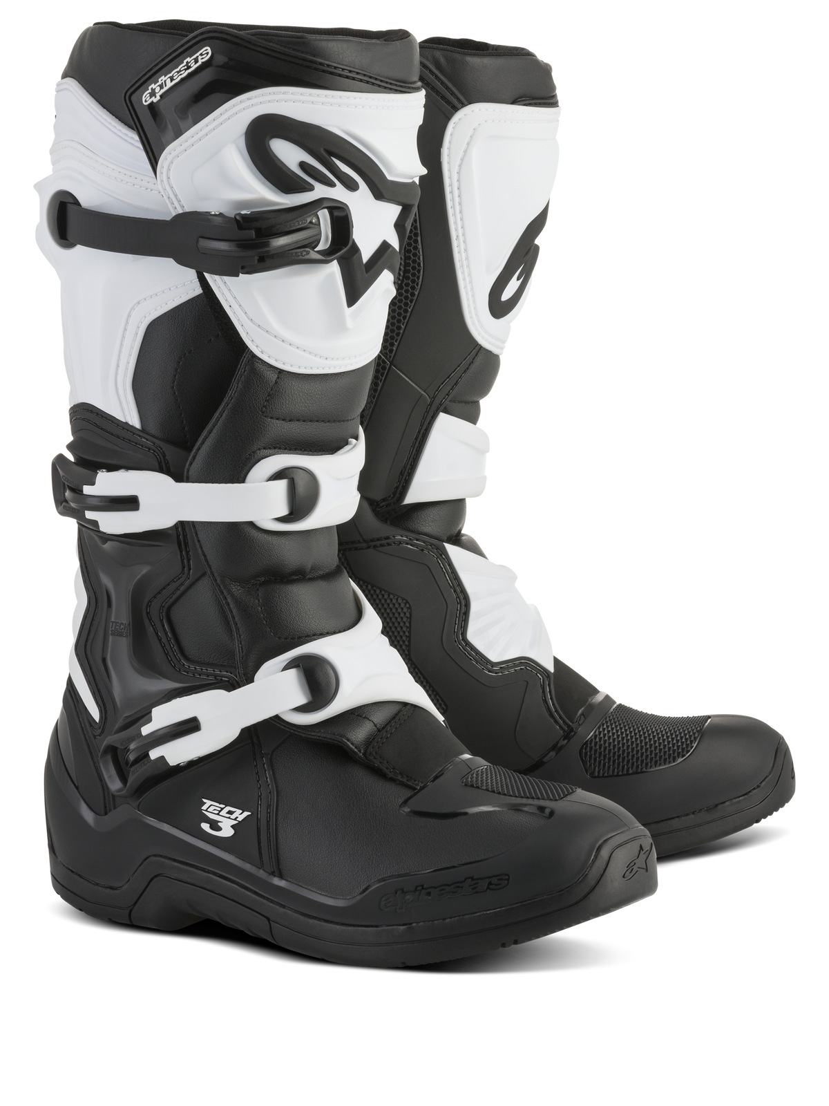 Alpinestars Tech 3 laarzen, motorcrosslaarzen, zwart en wit, voorzien van een drievoudig gespsluitsysteem, beschermende TPU-scheenplaat en hielkap, duurzame constructie van microvezel en synthetisch materiaal voor off-road racen