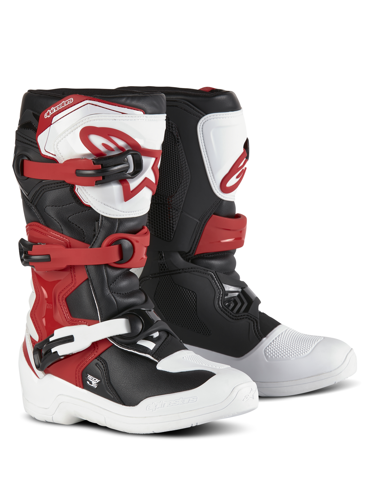 Alpinestars Youth Tech 3S laarzen, motorcrosslaarzen, wit, zwart en felrood, sluitsysteem met drie gespen, TPU-scheenplaat met Alpinestars-logo, duurzaam microvezel bovenwerk en versterkte voetschaal voor off-road prestaties