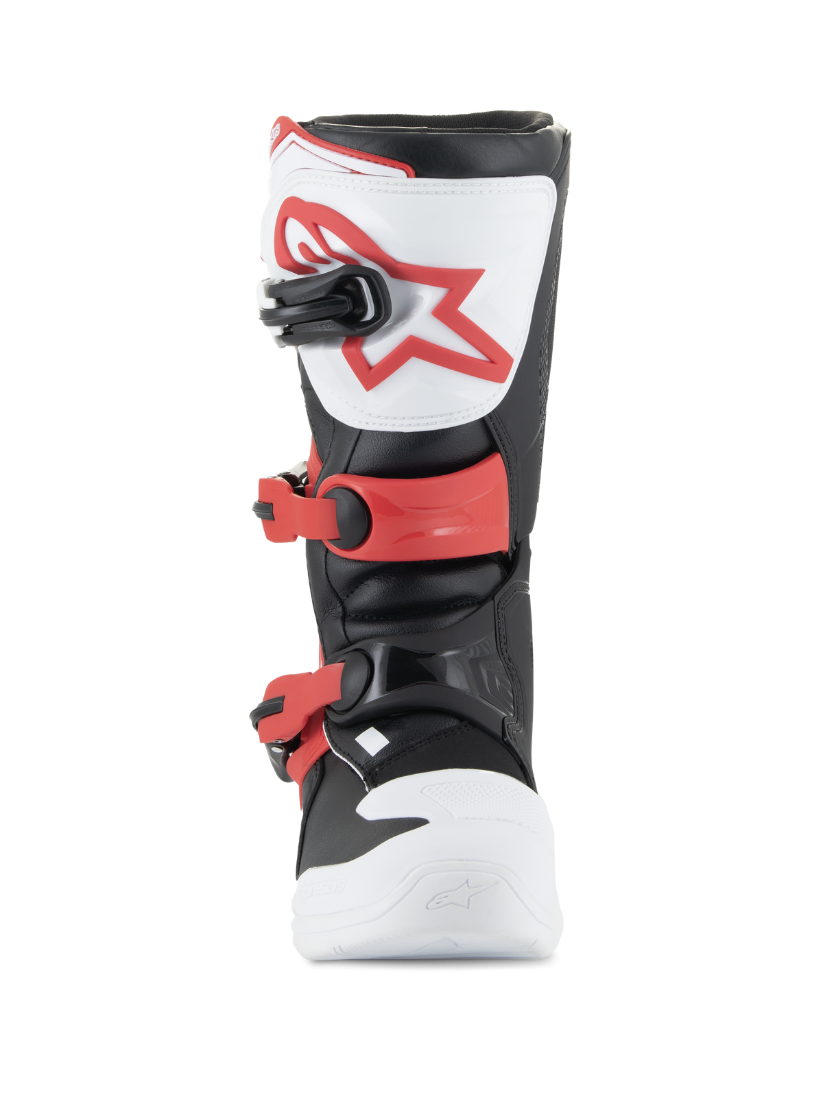 Alpinestars Youth Tech 3S laarzen, motorcrosslaarzen, wit, zwart en felrood, vooraanzicht met TPU-scheenplaat met rood logo, verstelbare rode gespen en duurzame microvezelconstructie voor junior rijders