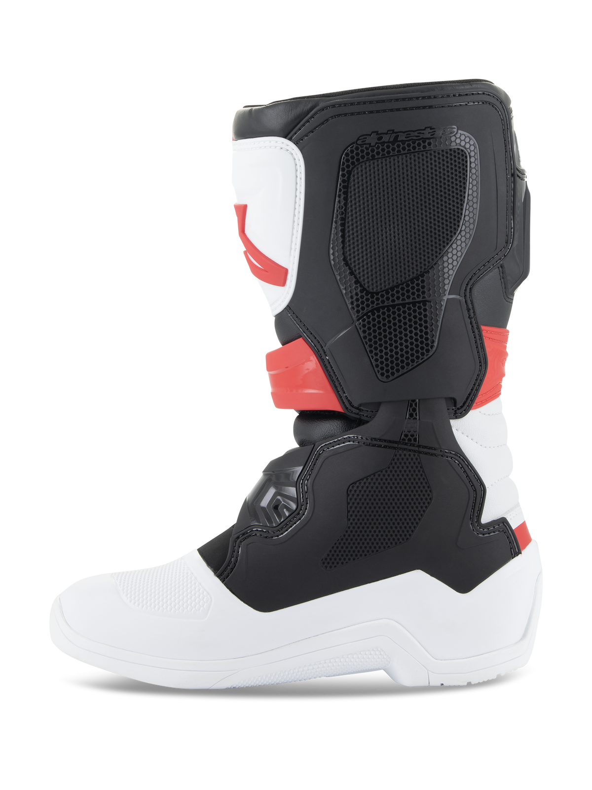 Alpinestars Youth Tech 3S laarzen, motocrosslaarzen, wit, zwart en felrood, zijaanzicht, voorzien van duurzame TPU-beschermingspanelen en een microvezel bovenwerk, witte zool en neus met een zwart kuitgedeelte en felrode accenten, beschermend off-road schoeisel voor jonge rijders