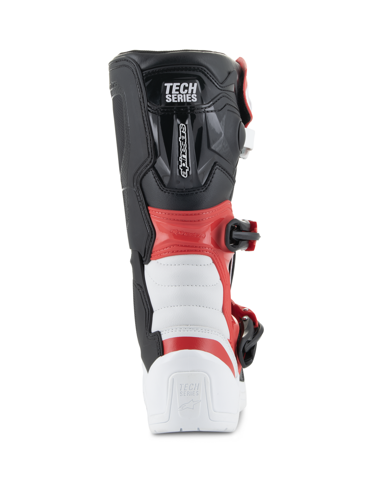 Alpinestars Youth Tech 3S laarzen, motorcrosslaarzen, wit, zwart en felrood, achteraanzicht met 'TECH SERIES' branding, versterkte hiel- en kuitbescherming, duurzame microvezelconstructie voor off-road racing