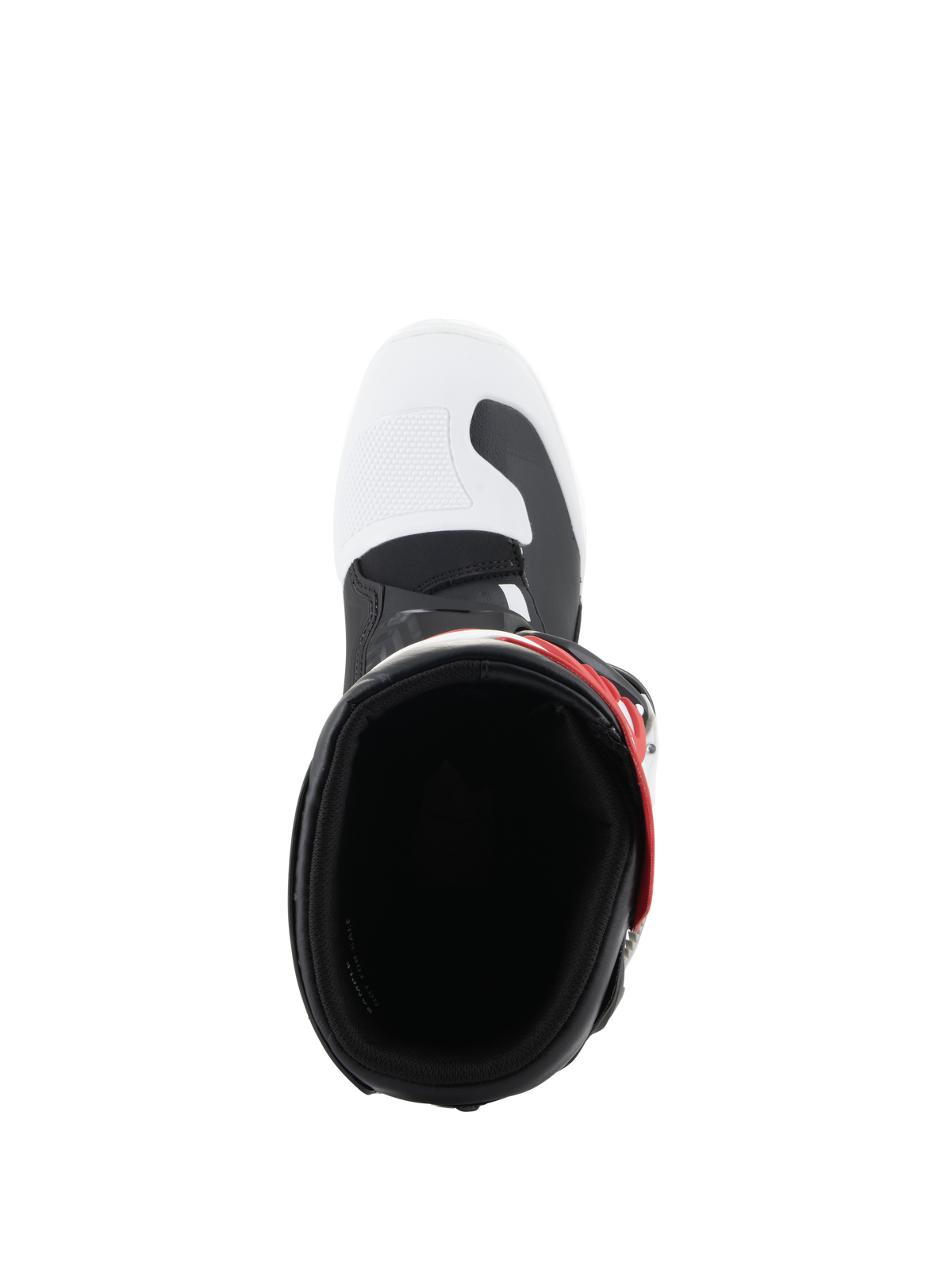 Alpinestars Youth Tech 3S laarzen, motorcrosslaarzen, wit, zwart en felrood, bovenaanzicht met zicht in de opening van de laars, witte neus met zwarte accenten en rood gespdetail, ontworpen voor jeugdrijders.