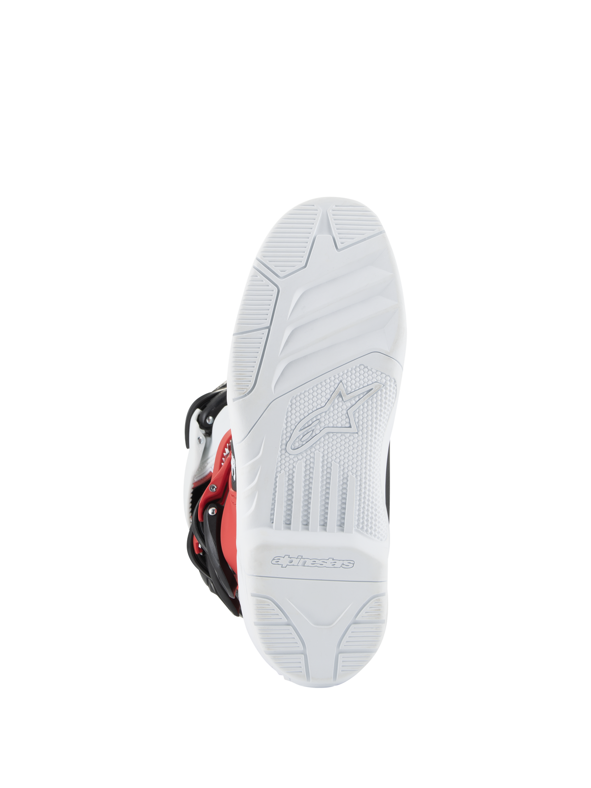 Alpinestars Youth Tech 3S laarzen, motorcrosslaarzen, wit, zwart en felrood, zoolaanzicht met wit getextureerd profiel en gegoten Alpinestars-logo en branding, duurzame zool voor off-road prestaties
