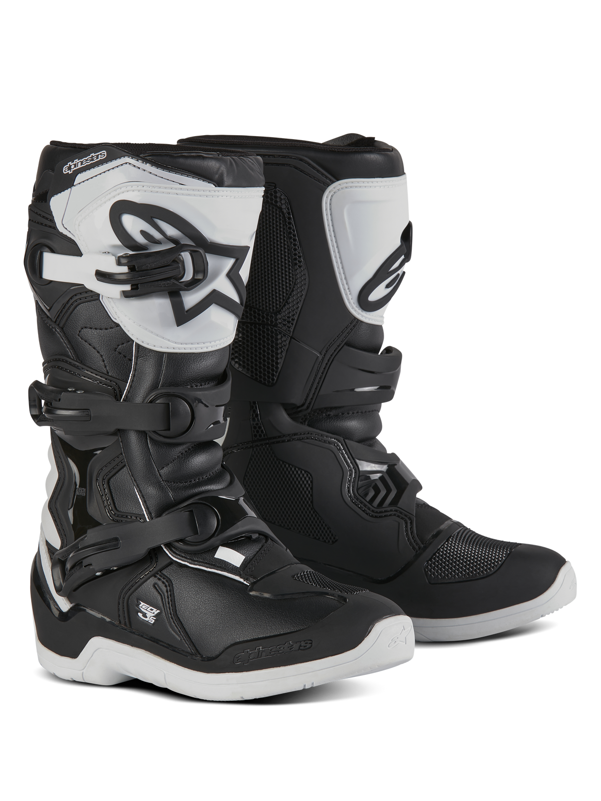 Alpinestars Youth Tech 3S laarzen, motorcrosslaarzen voor jonge rijders, zwart en wit, met drie verstelbare gespen, witte TPU-scheenplaat met Alpinestars-logo, versterkte hard-shell bescherming en een stevige witte zool met profiel, off-road race-ontwerp