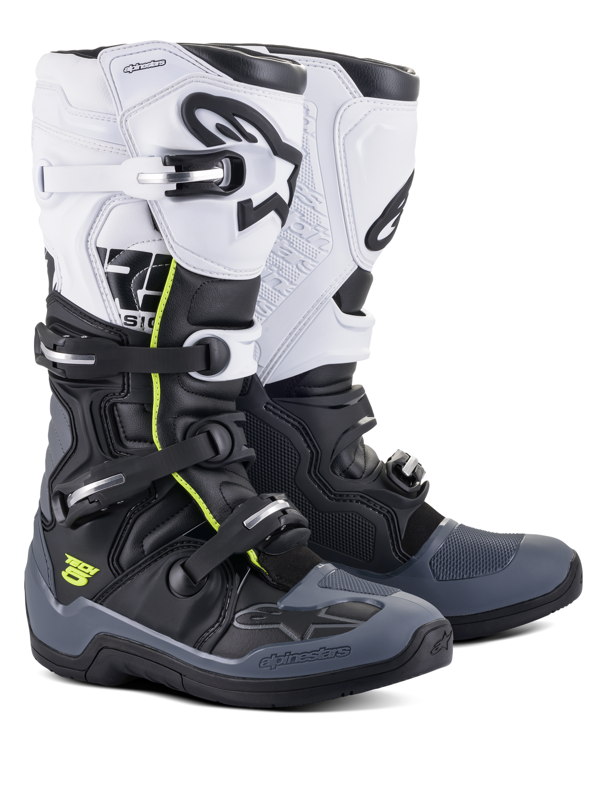 Alpinestars Tech 5-laarzen, motocross- en off-road laarzen, zwart, donkergrijs en wit, met neongele accenten, sluitingssysteem met vier gespen, wit bovenpaneel met zwart Astars-logo, donkergrijze teen- en hielbescherming en duurzame microvezelconstructie
