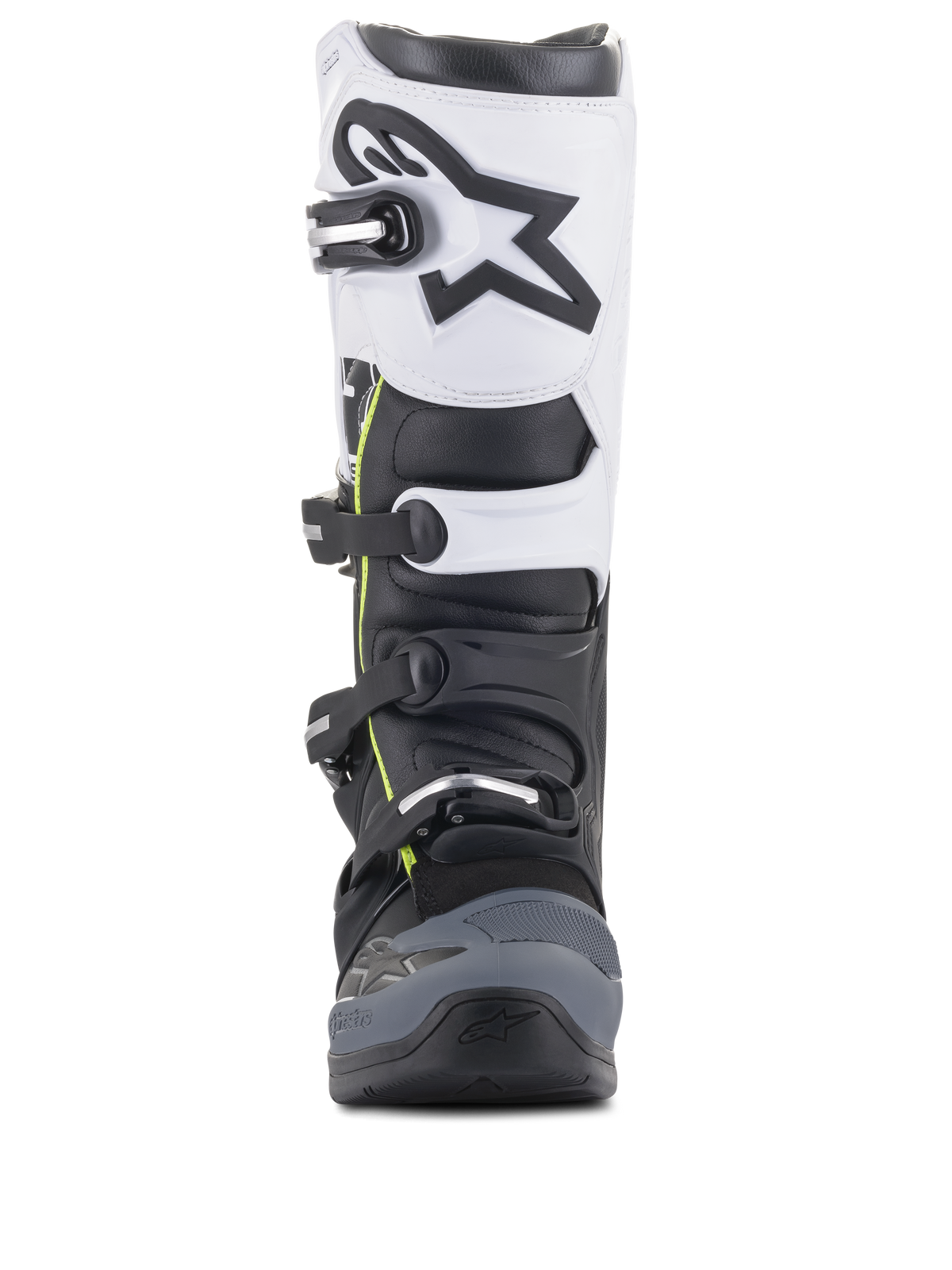 Alpinestars Tech 5 Boots, Motocross Boots, Black Dark Gray and White, front-facing view featuring a multi-buckle closure system, white upper panel with black Astars logo, dark gray reinforced toe, and subtle yellow accents