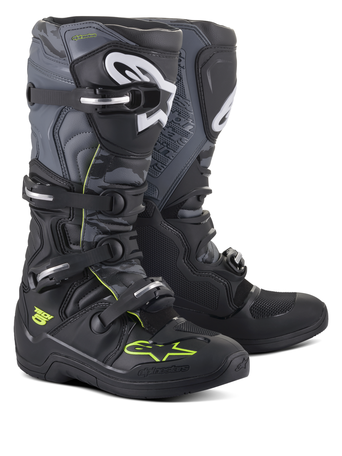 Alpinestars Tech 5 laarzen, motorcross- en off-road laarzen, zwart, koel grijs en fluorgeel, voorzien van een sluitingssysteem met vier gespen, witte logo's op de scheenplaat en neongele accenten, duurzame microvezelconstructie voor off-road prestaties