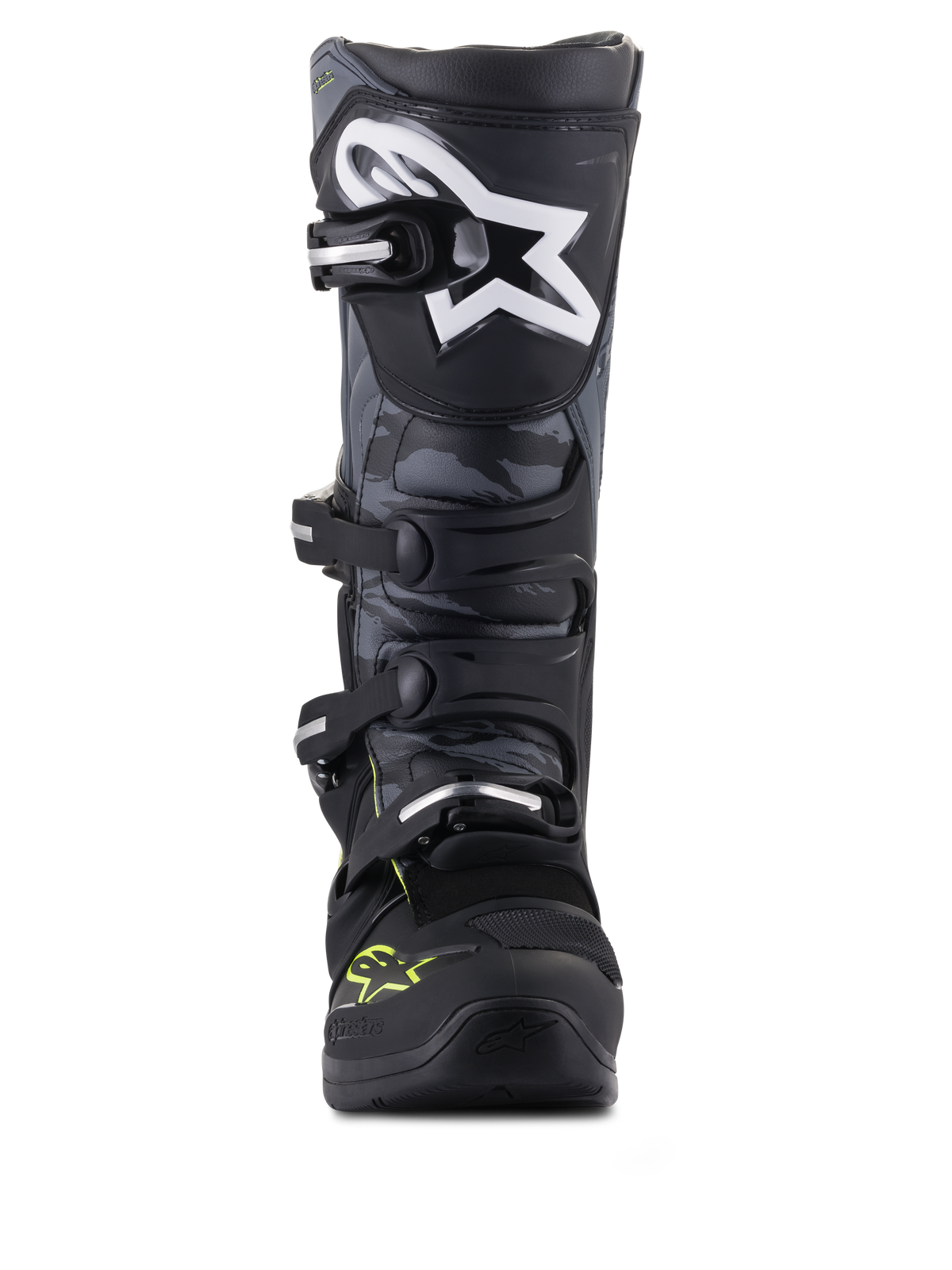 Alpinestars Tech 5 motorcrosslaarzen, zwart en grijs met fluogeel, vooraanzicht met camouflagepanelen en ster-logo.
