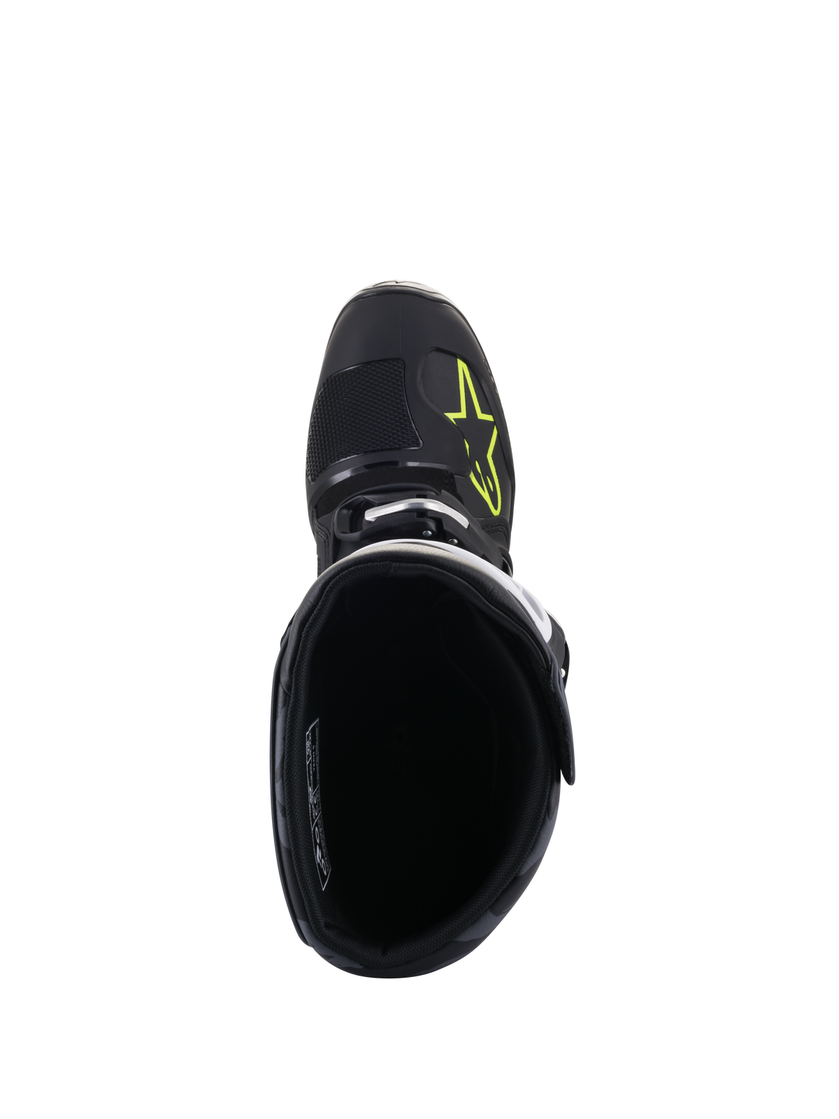 Alpinestars Tech 5 laarzen, bovenaanzicht, zwart met geel fluo logo op de neus, toont de binnenvoering en gespsluiting, hoogwaardig motocross- en off-road schoeisel