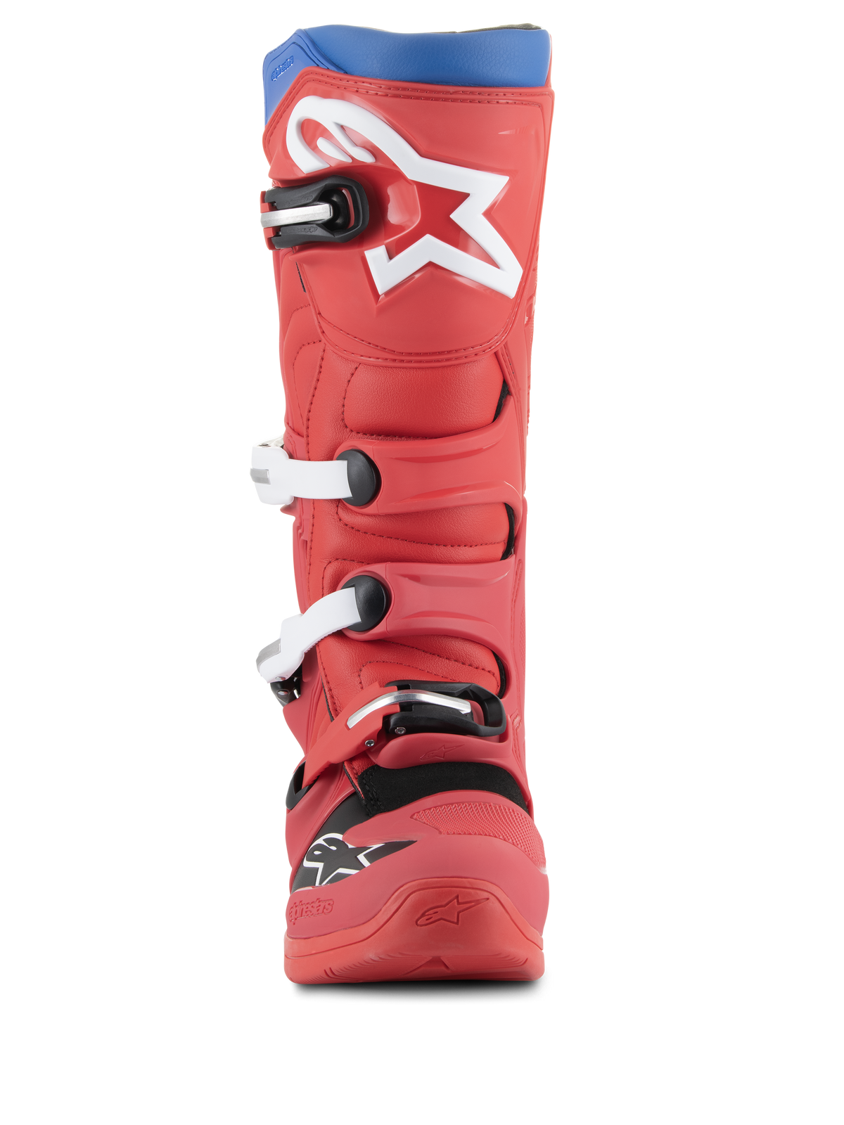 Alpinestars Tech 5 laarzen, motorcrosslaarzen, helderrood en Alpine blauw, vooraanzicht met groot wit sterlogo op de scheen, sluitingssysteem met meerdere gespen en robuust microvezel ontwerp voor off-road prestaties