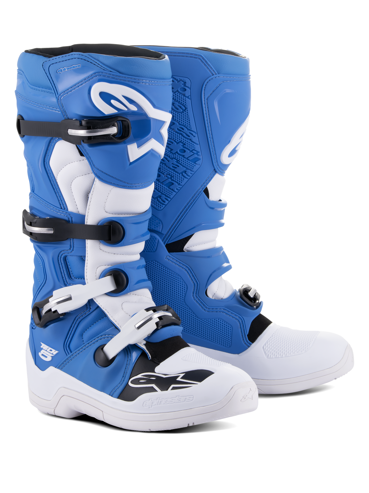 Alpinestars Tech 5 laarzen, motocross- en off-roadlaarzen, blauw en wit, constructie van verschillende materialen met vier zwart-witte gespen, witte scheenplaat met groot Astars-logo en een duurzame witte zool.