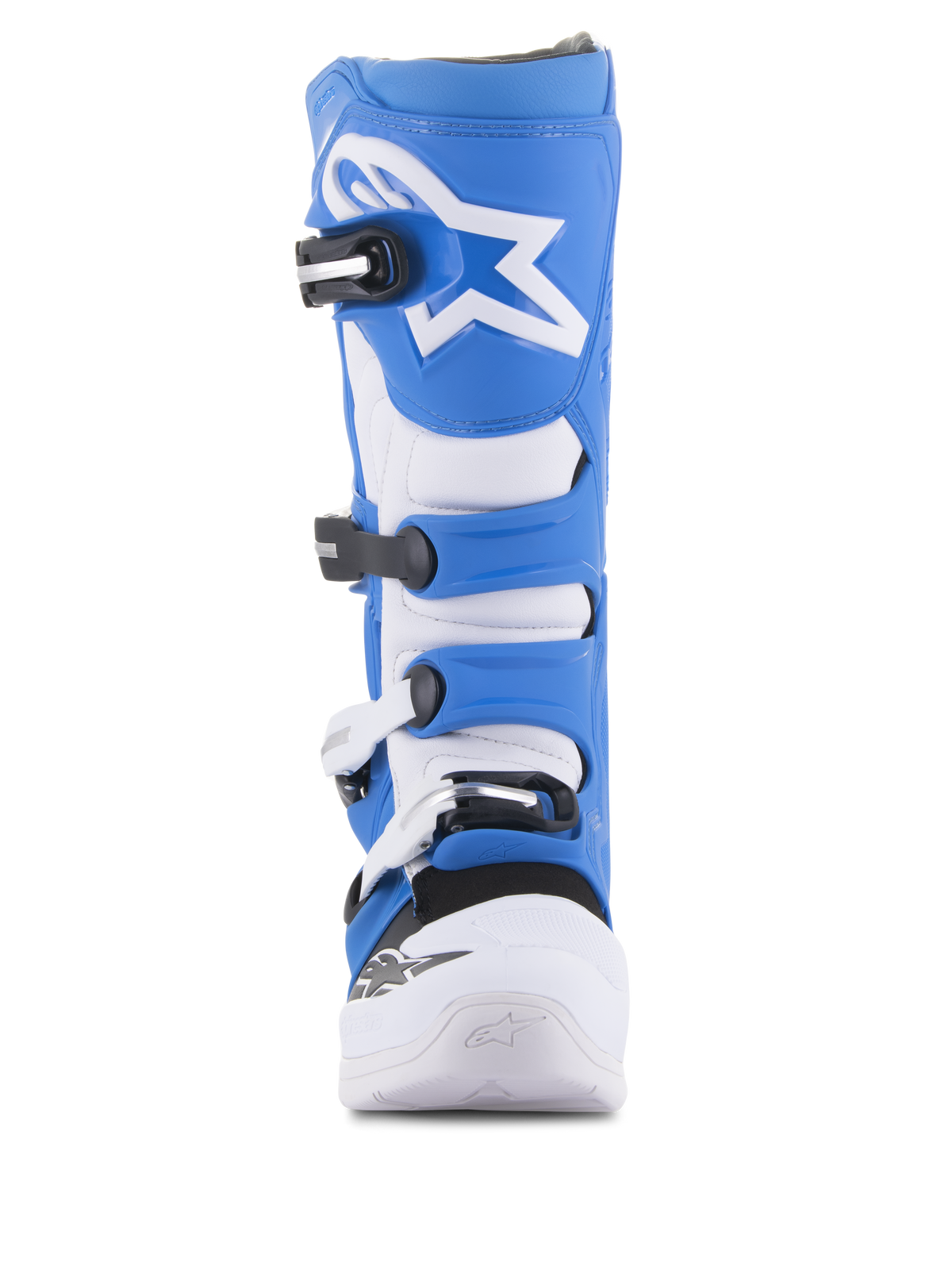 Alpinestars Tech 5 laarzen, motorcrosslaarzen, blauw en wit, vooraanzicht, met een sluitingssysteem met vier gespen, wit Alpinestars sterlogo op de blauwe scheenplaat, duurzaam microvezel chassis met versterkte witte neus